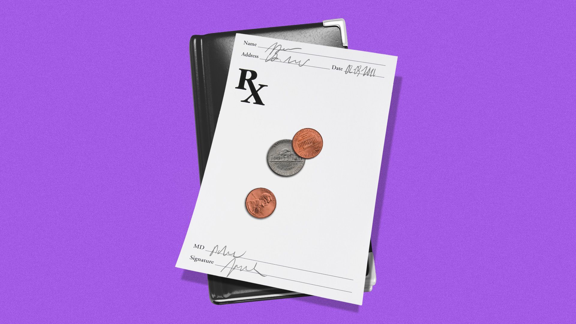 Illustration of a pharmacy script presented as a bill with change on it