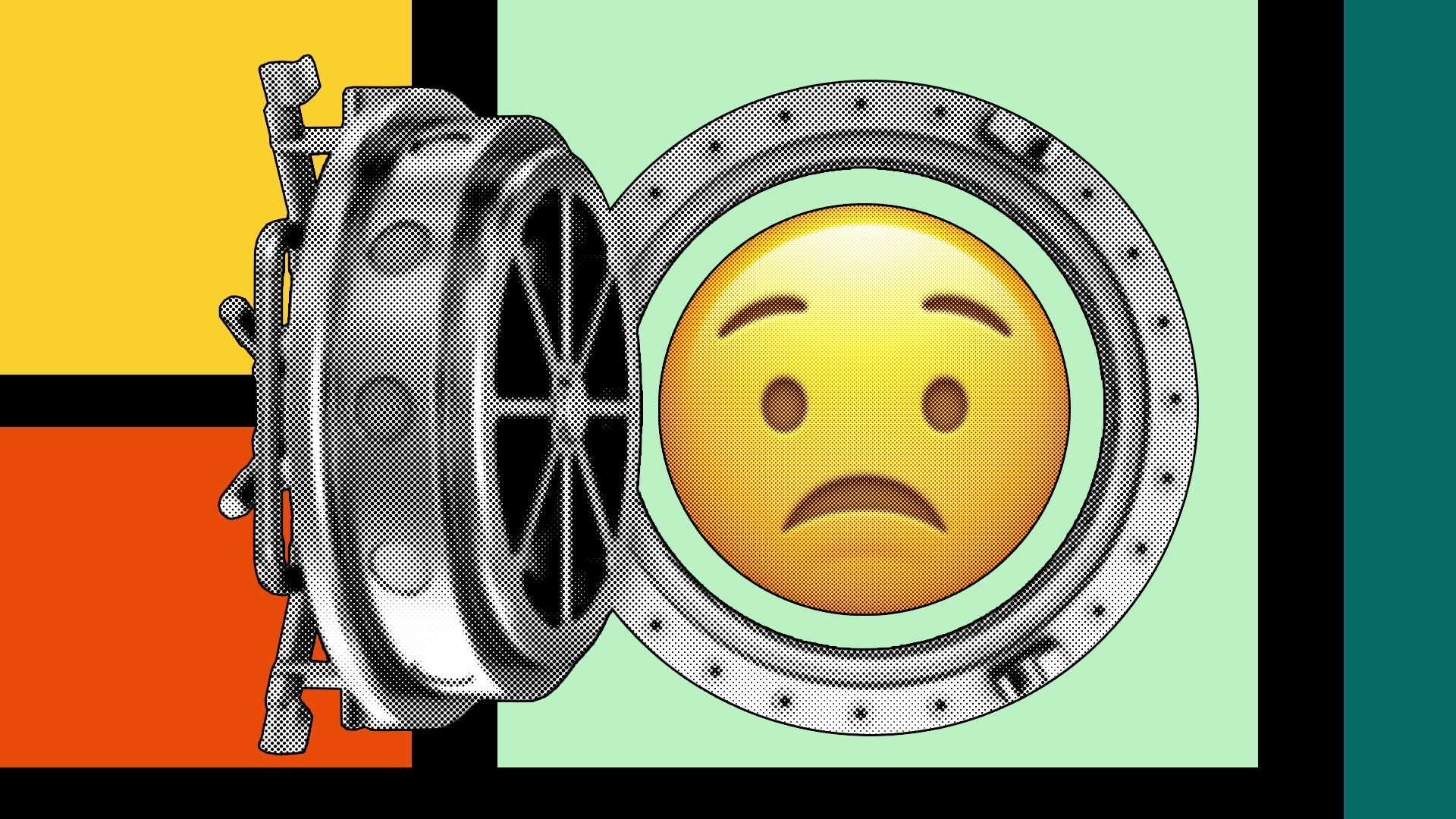 Illustration of a worried emoji inside an open bank vault.