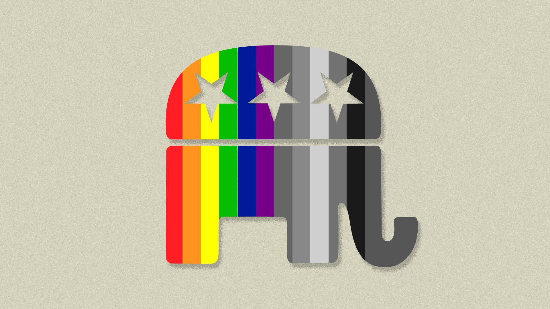 Illustration of GOP logo filled in with the rainbow flag colors on one half and shades of gray on the other half.
