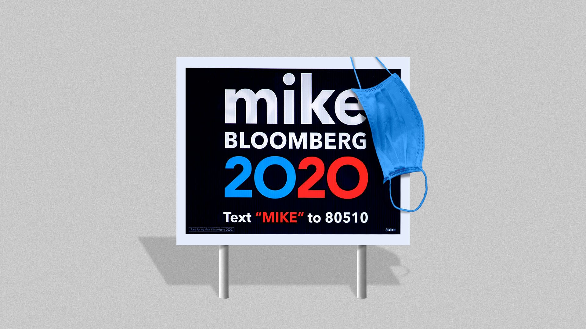 Illustration of a Bloomberg 2020 yard sign with a face mask draped over it