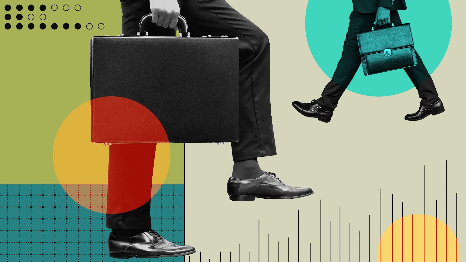 Illustrated collage of two businessmen walking in different directions, surrounded by shapes and grids