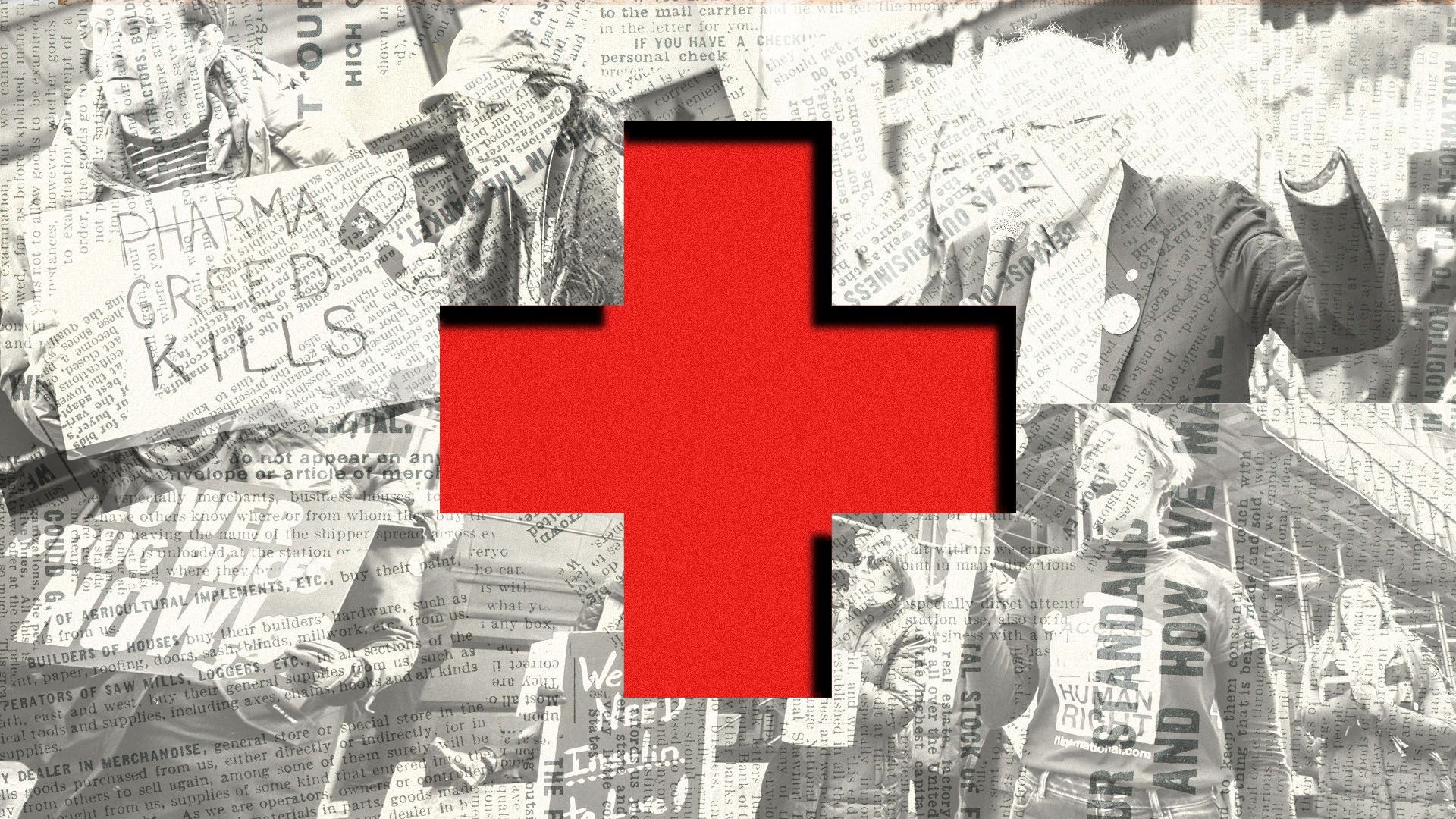 Photo illustration of people protesting health care costs and Democratic presidential candidate Bernie Sanders talking about the cost of insulin in the USA versus Canada, overlaid with a red cross