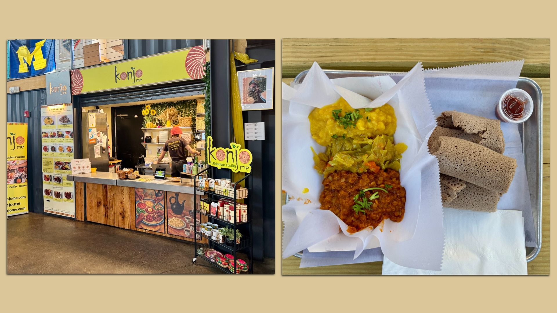 Left image: A food stall with retail items for sale as well as a walk up window with a menu featuring various food selections. The Konjo Me logo is yellow with red designs.