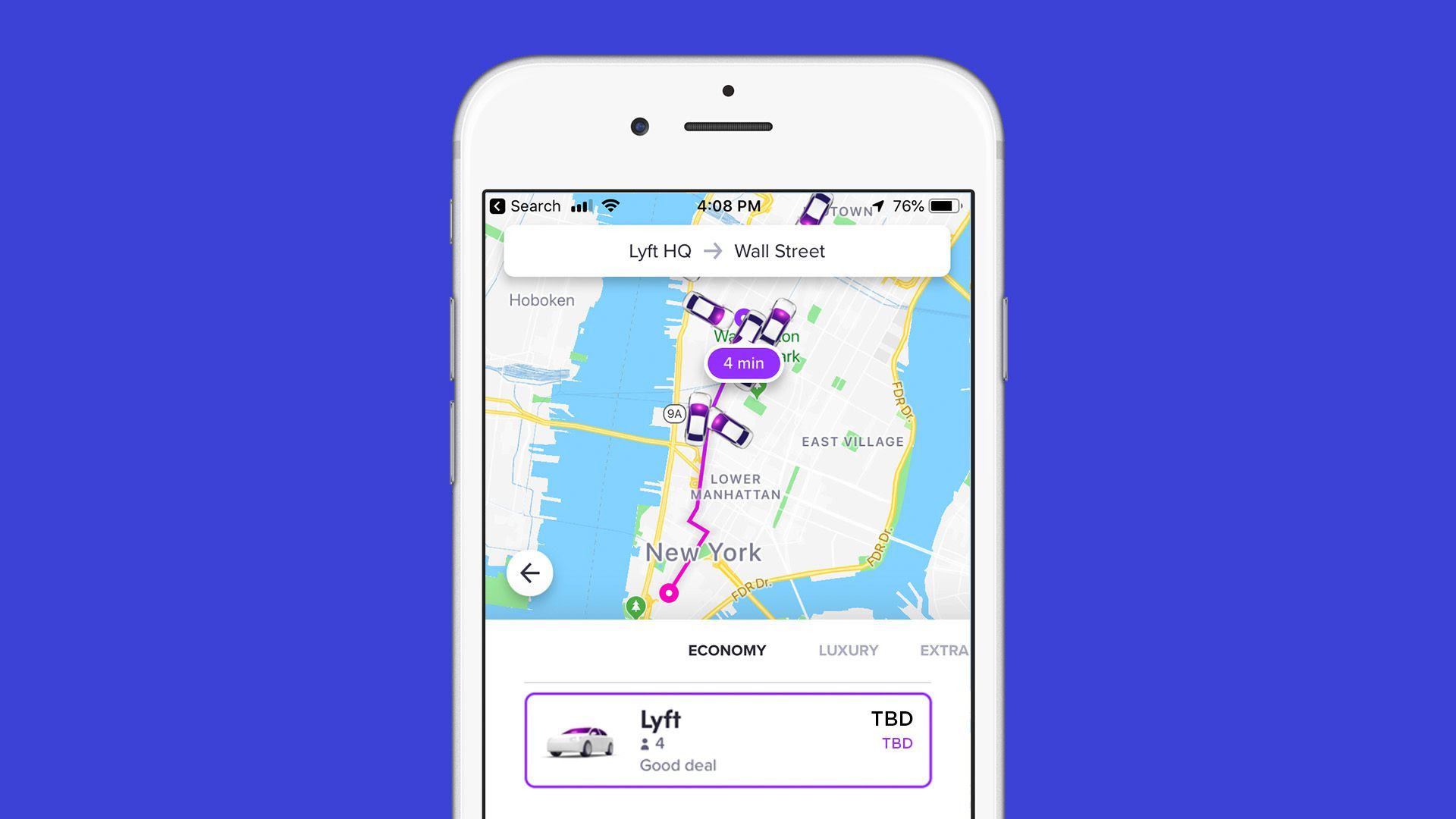Illustration of Lyft app with ride request for "Lyft HQ to Wall Street."