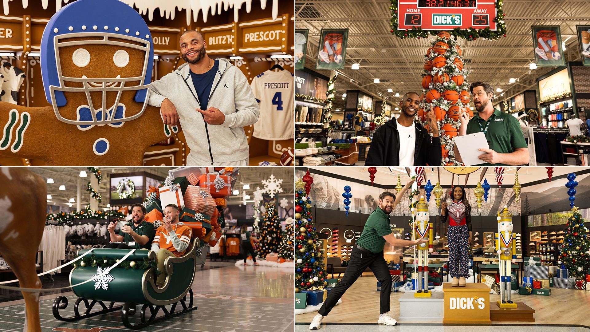 Four photos of athletes in front of holiday decor at a sporting goods store