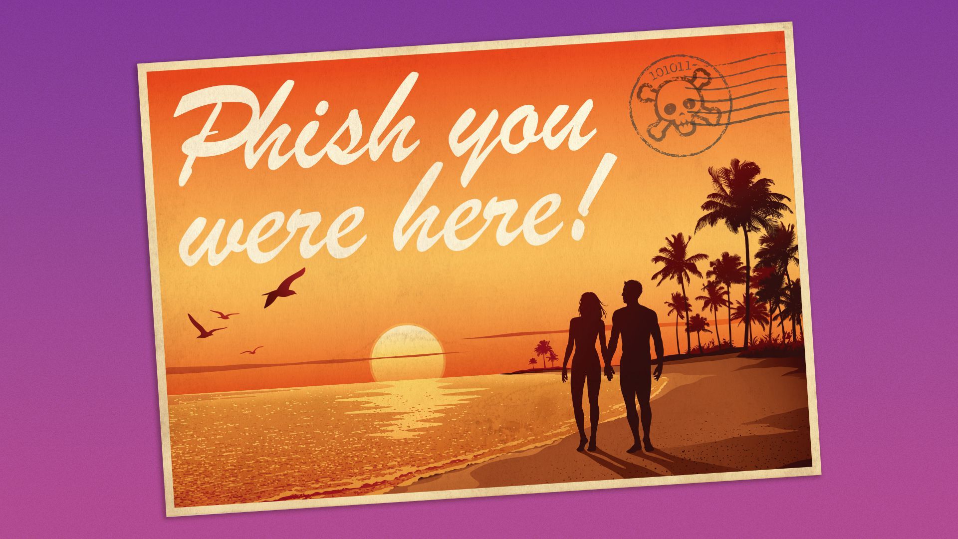 Illustration of a vintage tropical postcard with the words “Phish you were here!”.