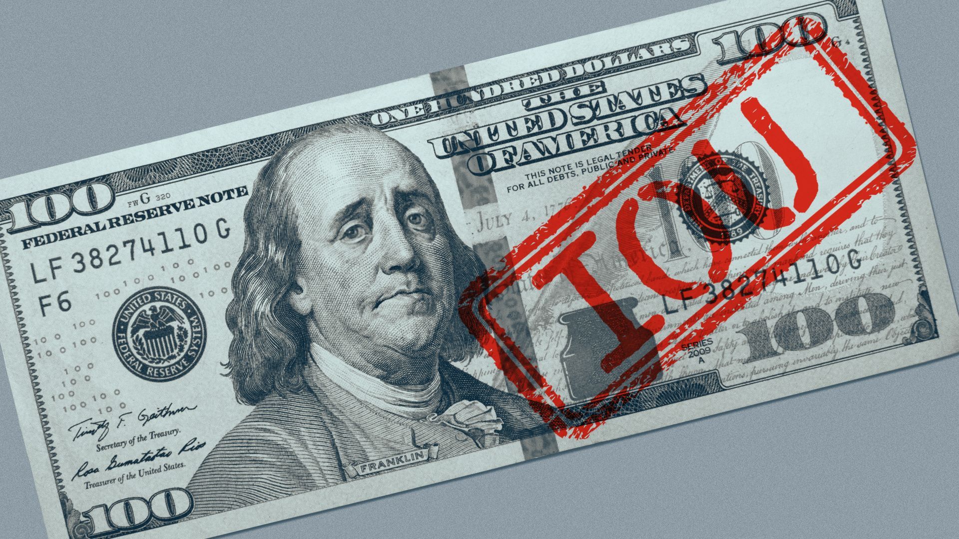 Illustration of an "IOU" stamp on a one hundred dollar bill showing a frowning Benjamin Franklin.