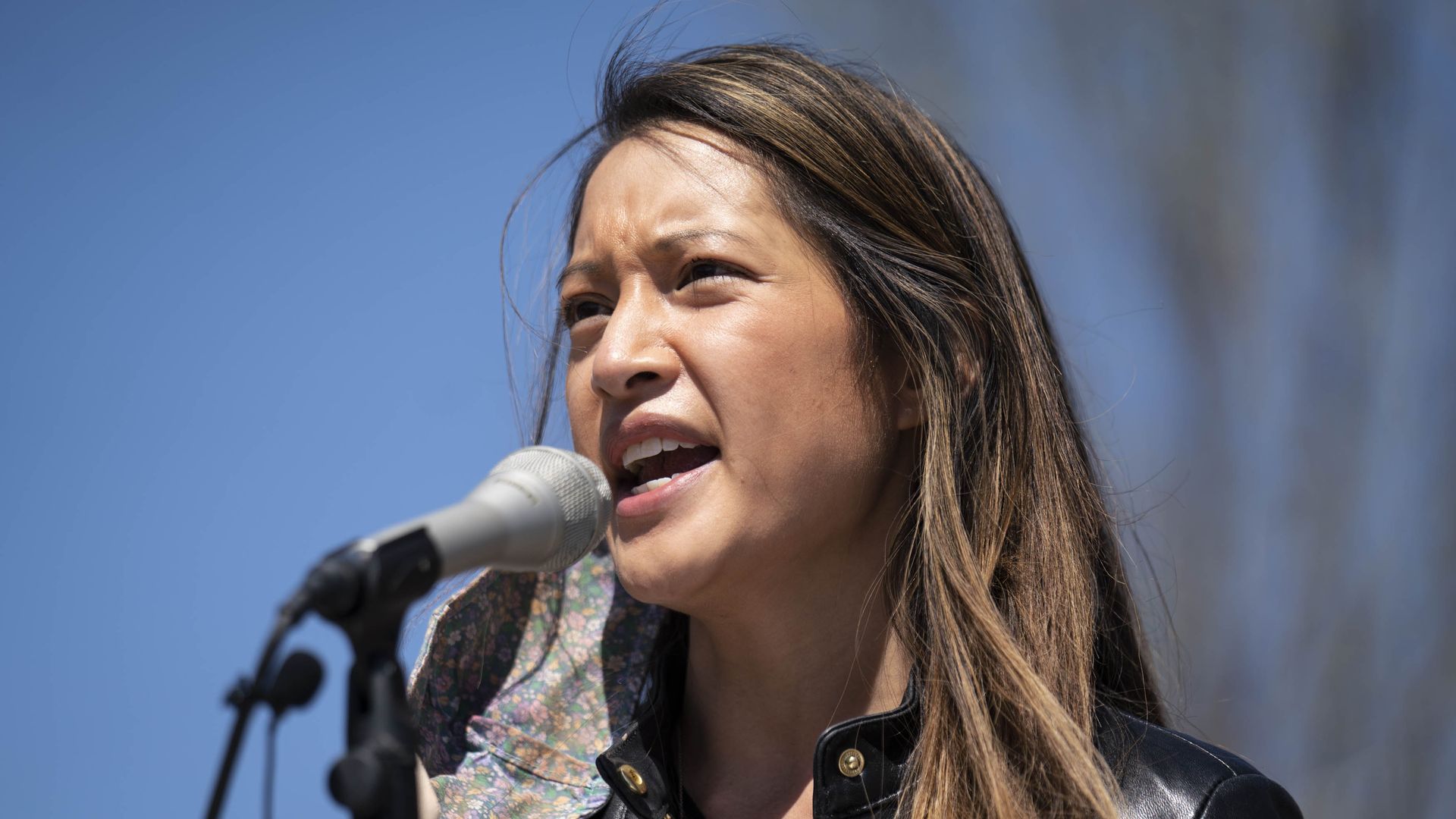 Representative Bee Nguyen speaking during a rally Atlanta in March 2021.
