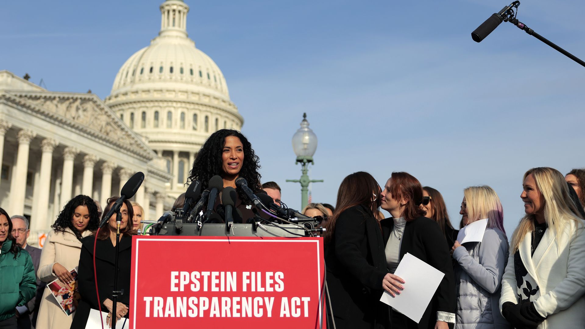 Epstein abuse survivor Lisa Phillips speaks during a news conference with lawmakers on the Epstein Files Transparency Act outside the U.S. Capitol on November 18, 2025 in Washington, DC. 