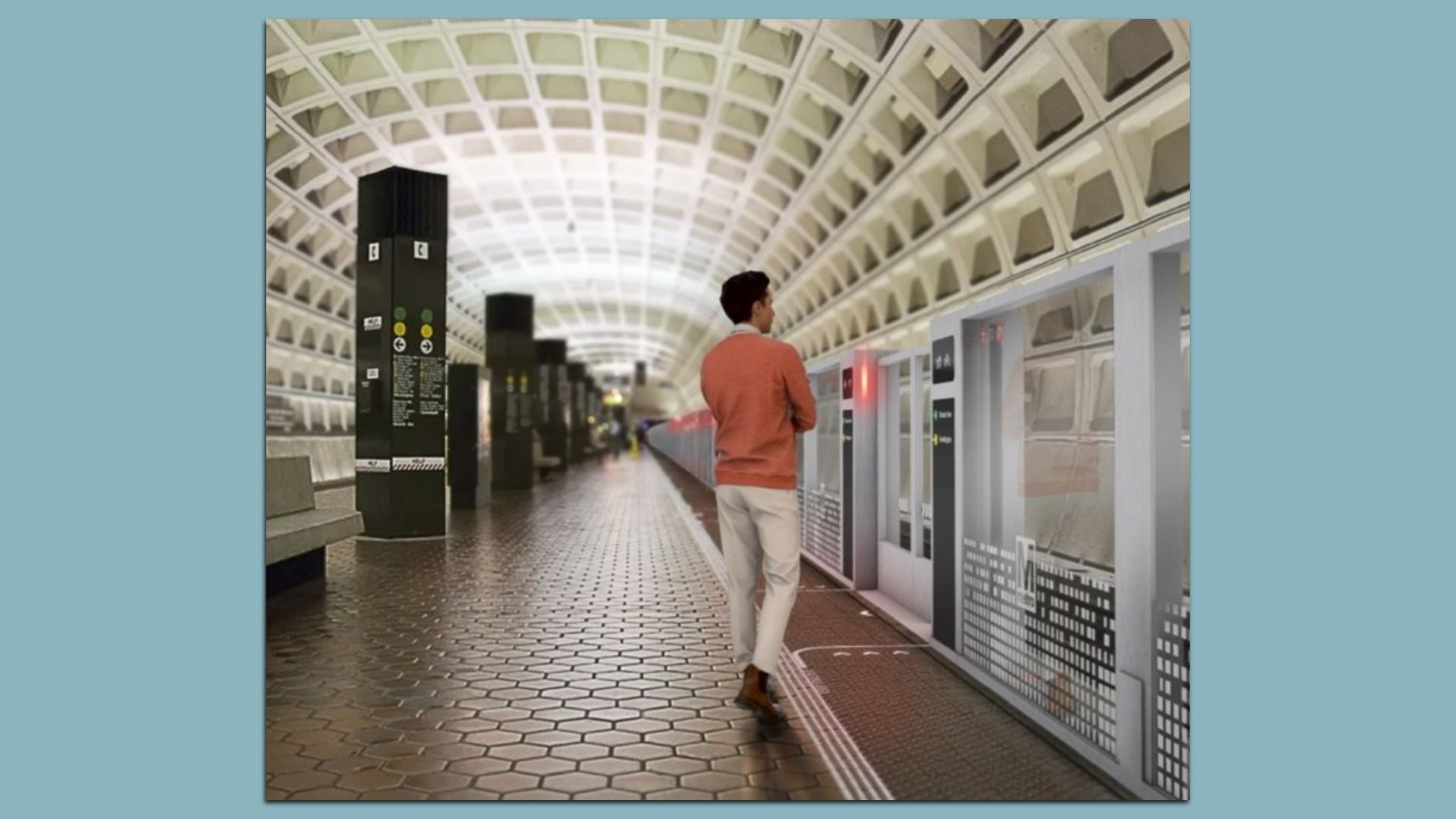 A rendering of a rider on a Metro platform awaiting a train, with screen doors and automatic doors