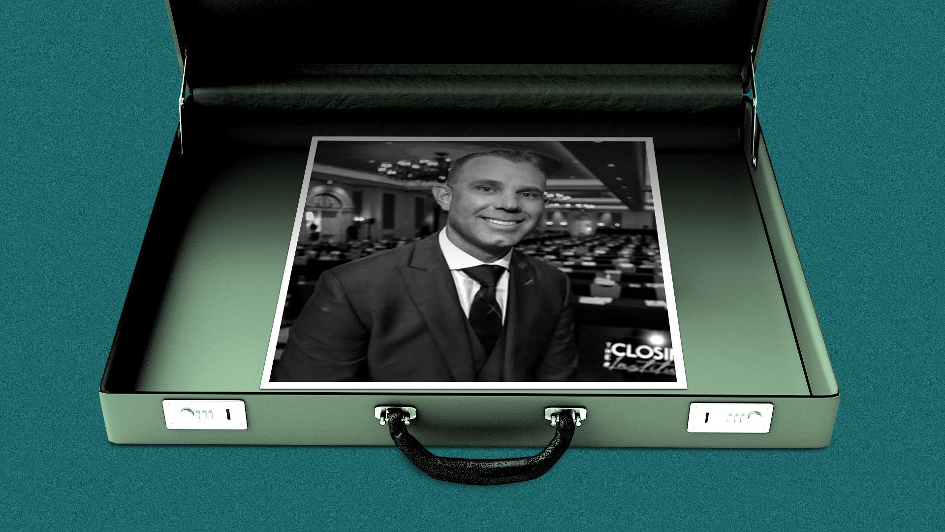 Photo illustration of a briefcase with a photo of Bart Knellinger in it.