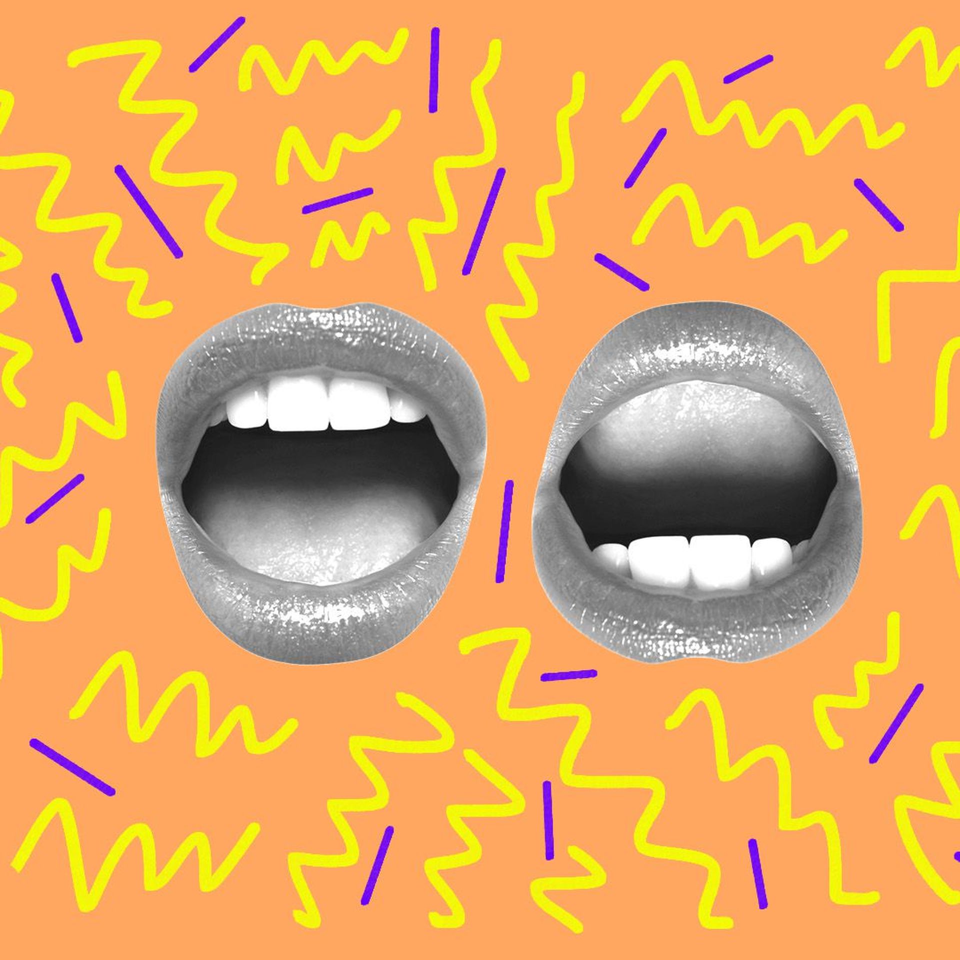 Illustration of two mouths surrounded by 90s style pattern