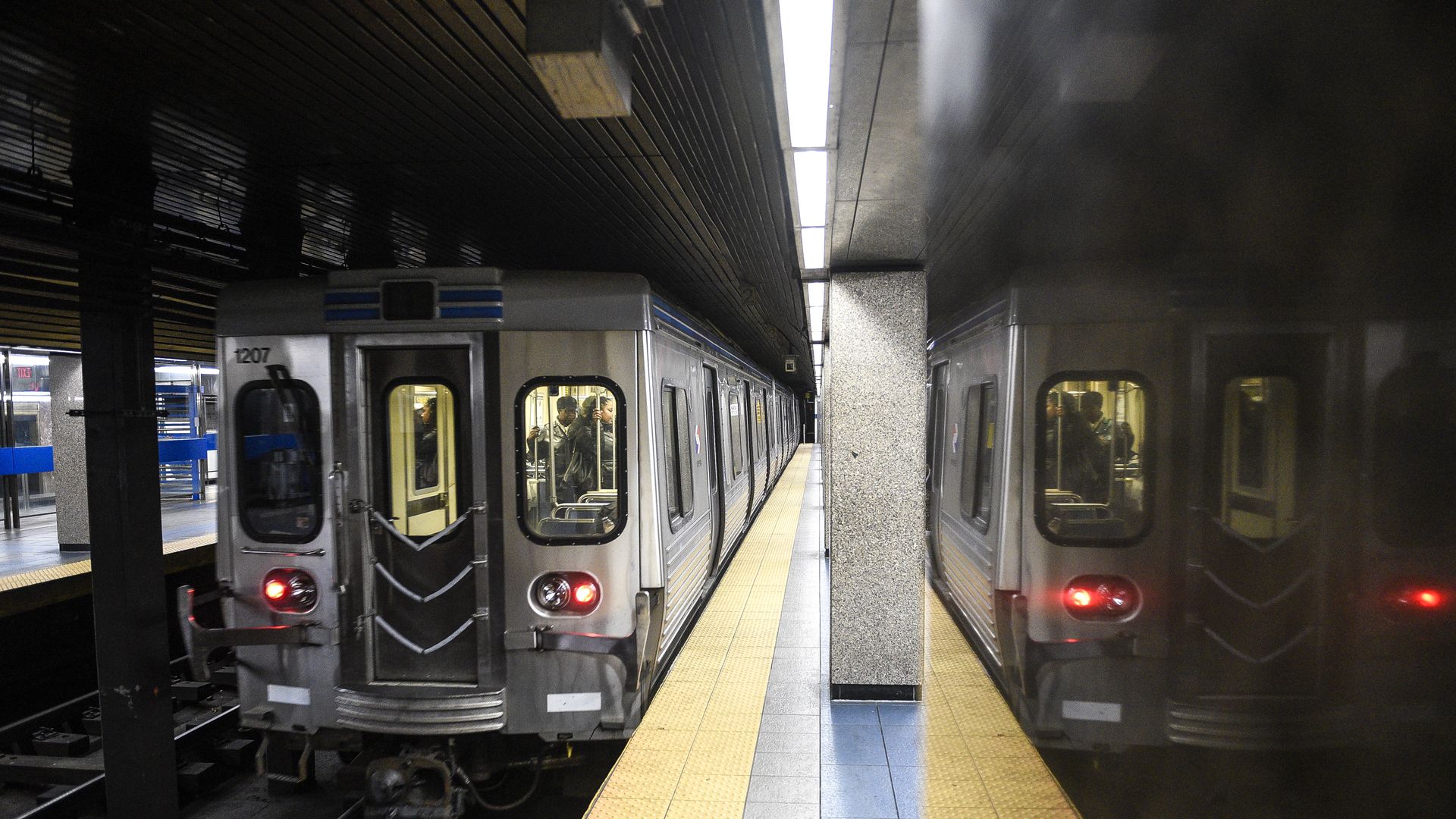SEPTA subway cars stand on the Market-Frankford line in Philadelphia.