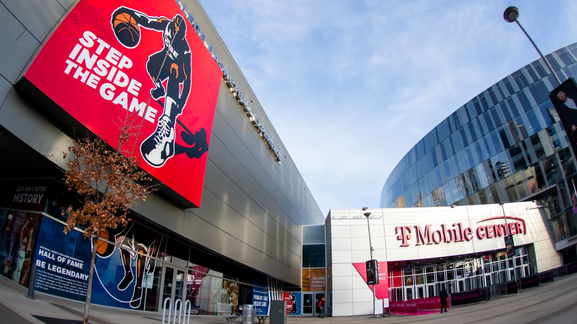 Wide photo shows the College Basketball Experience on the left connected with the T-Mobile Center on the right.