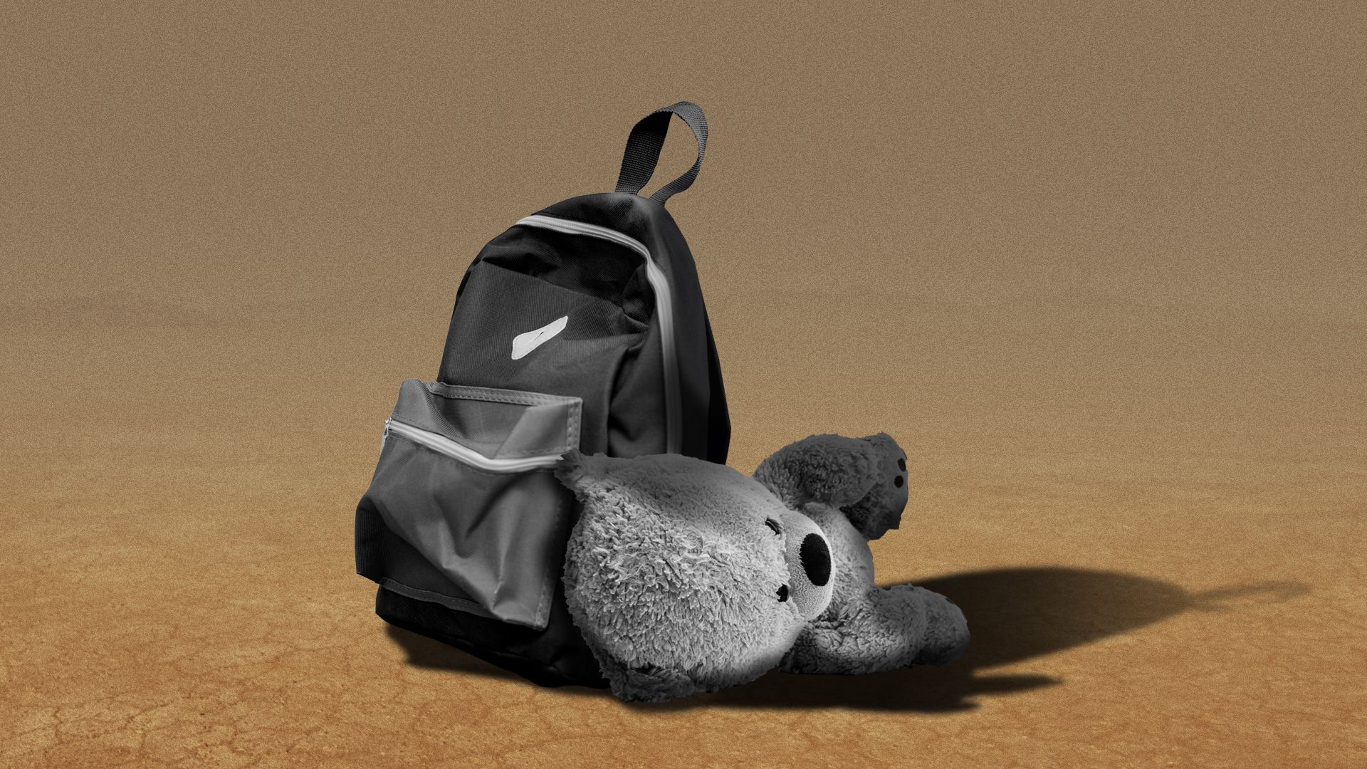Illustration of a backpack and teddy bear alone in the desert