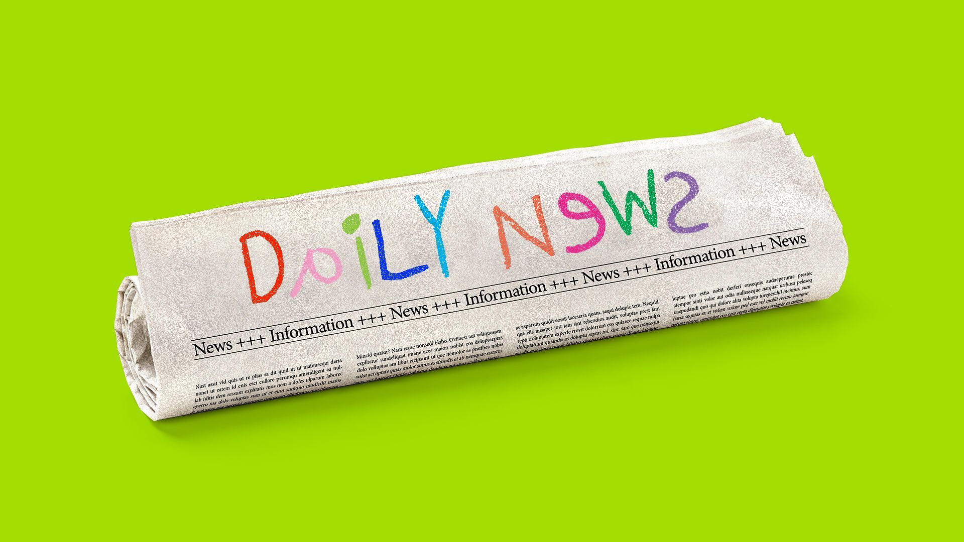 Illustration of a newspaper with "Daily News" written in crayon in a child's handwriting, some letters are backwards. 