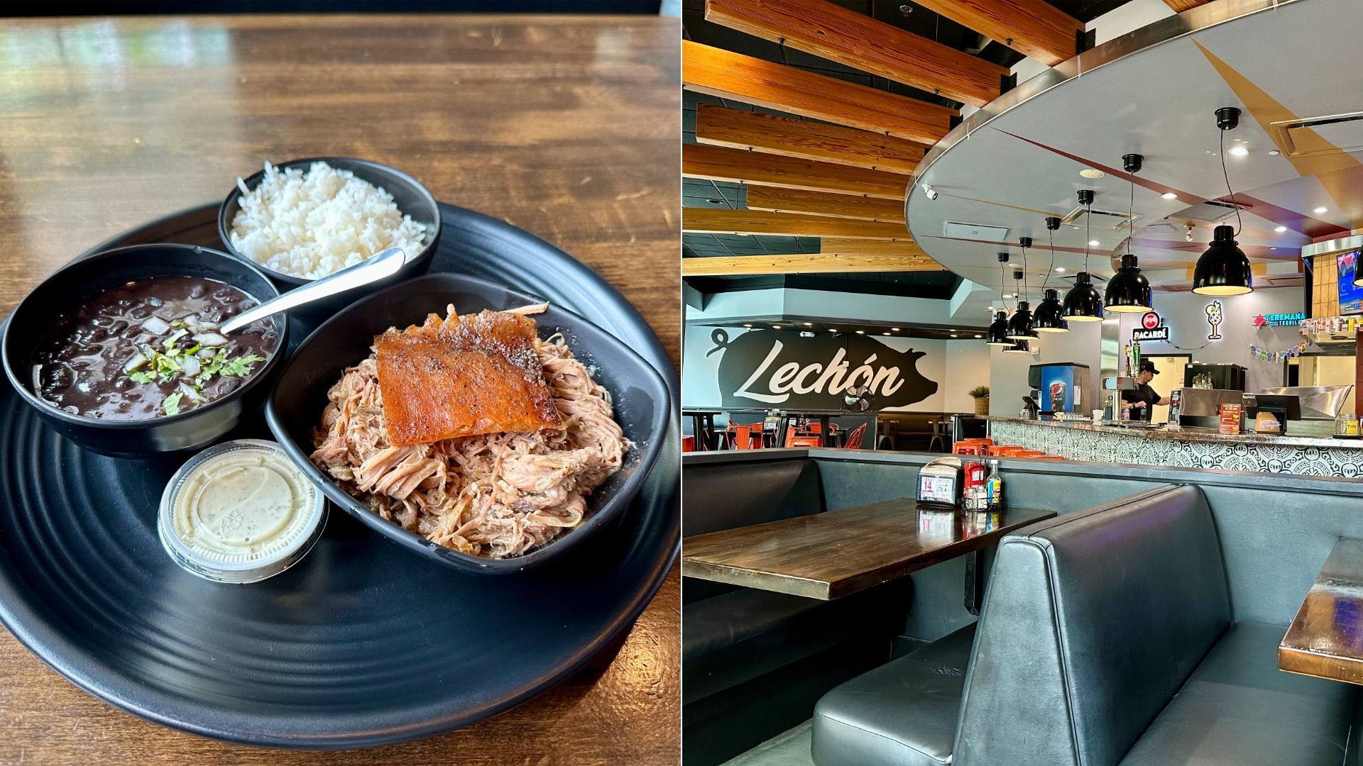 Two-panel image: left shows shredded pork with crispy skin, white rice, and beans on a wooden table; right shows a trendy restaurant interior with a curved ceiling, wooden slats, pendant lights, and a "Lechón" sign.