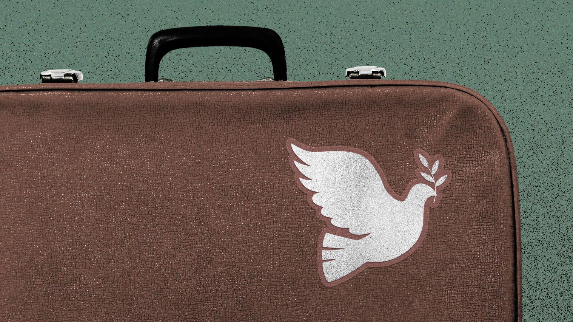 Illustration of an old suitcase with a white dove sticker on it.
