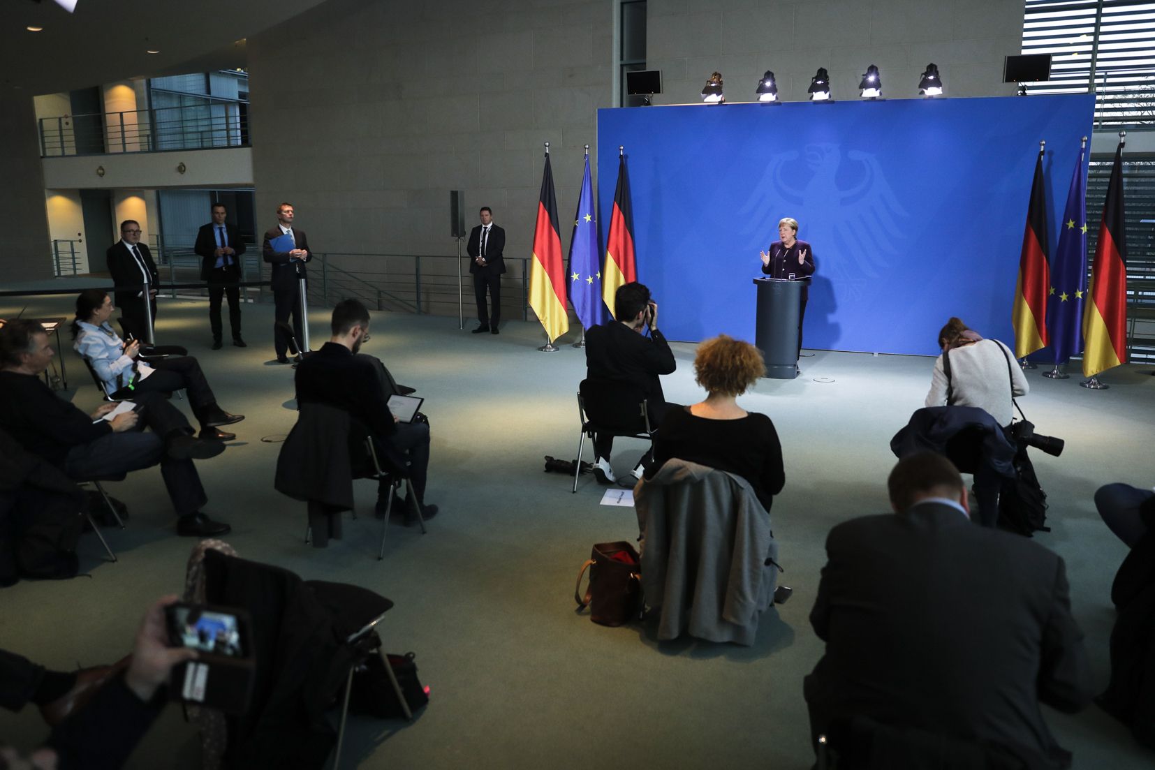  German Chancellor Angela Merkel makes a press statement, with a limited number of journalists