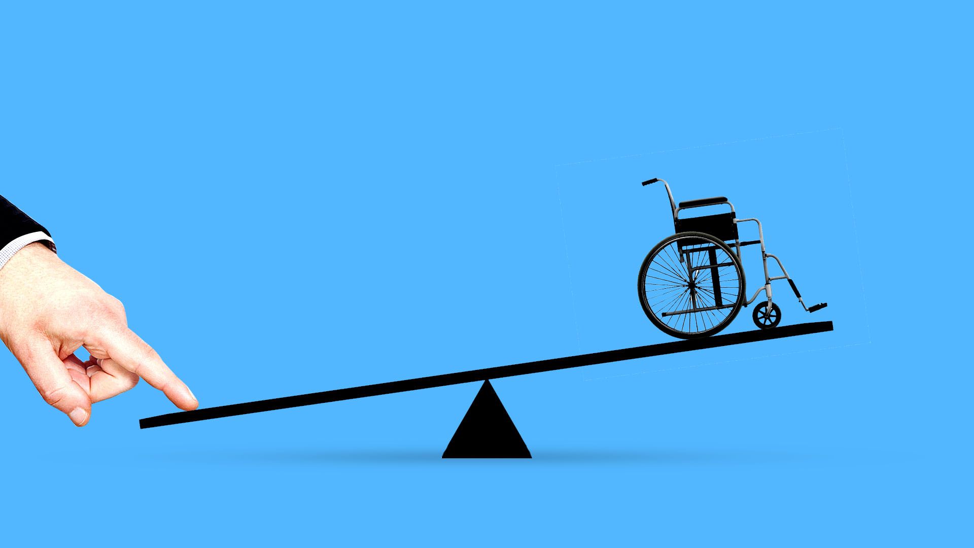 Illustration of a wheelchair on one side of a seesaw with a hand pressing down the other side.