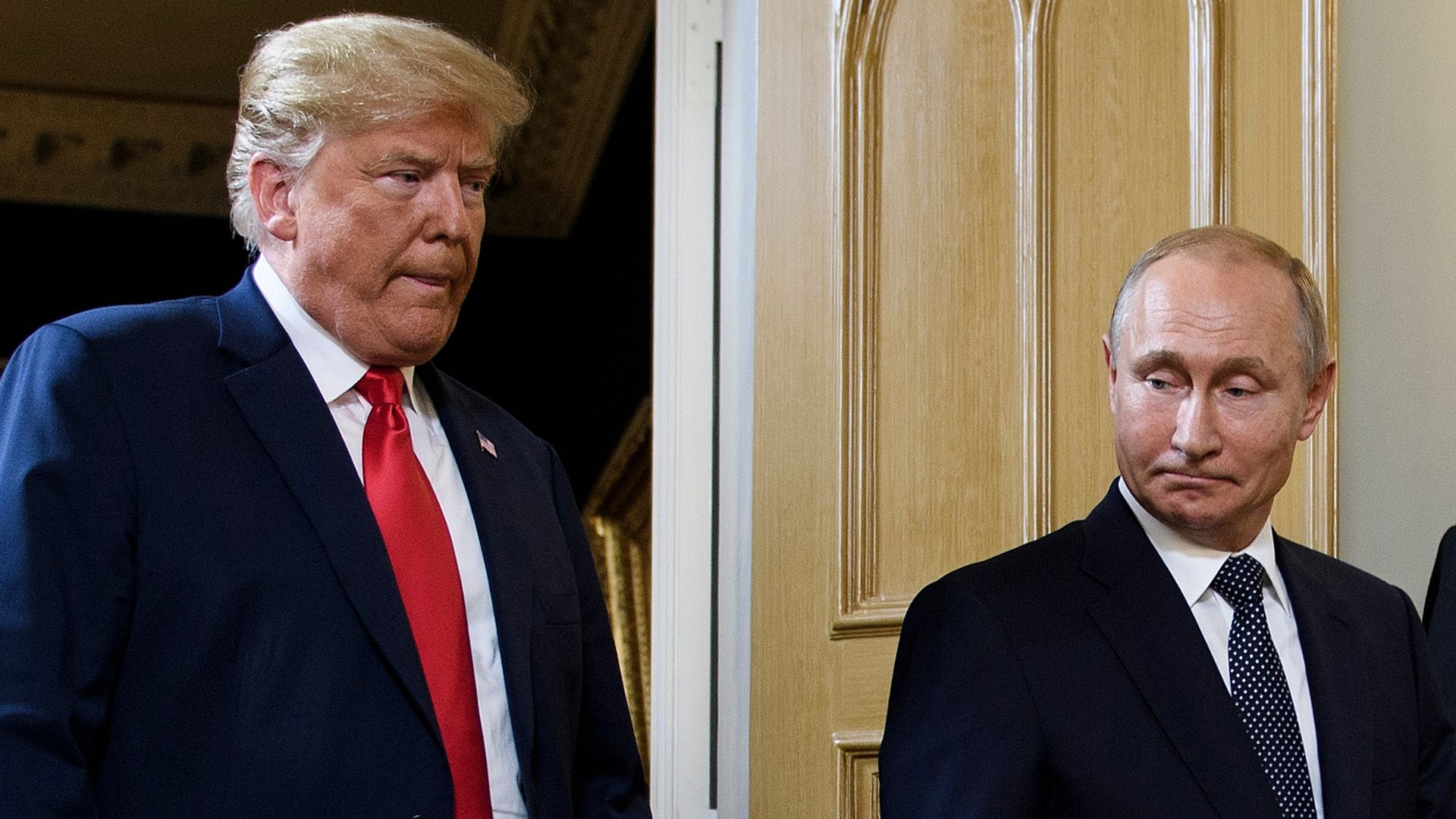 President Trump and Russian President Vladimir Putin arrive for a meeting in Helsinki.