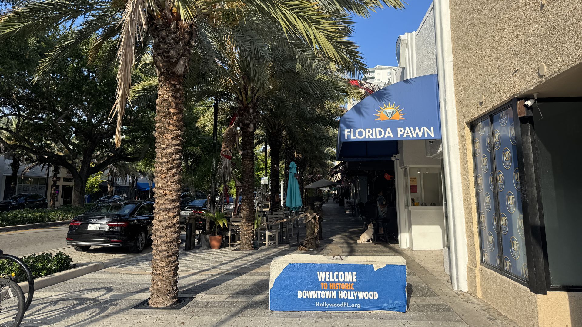 Sunny urban street scene with tall palm trees, a beige stucco building on the right, a blue Florida Pawn awning, and a blue sign that reads Welcome to Historic Downtown Hollywood.