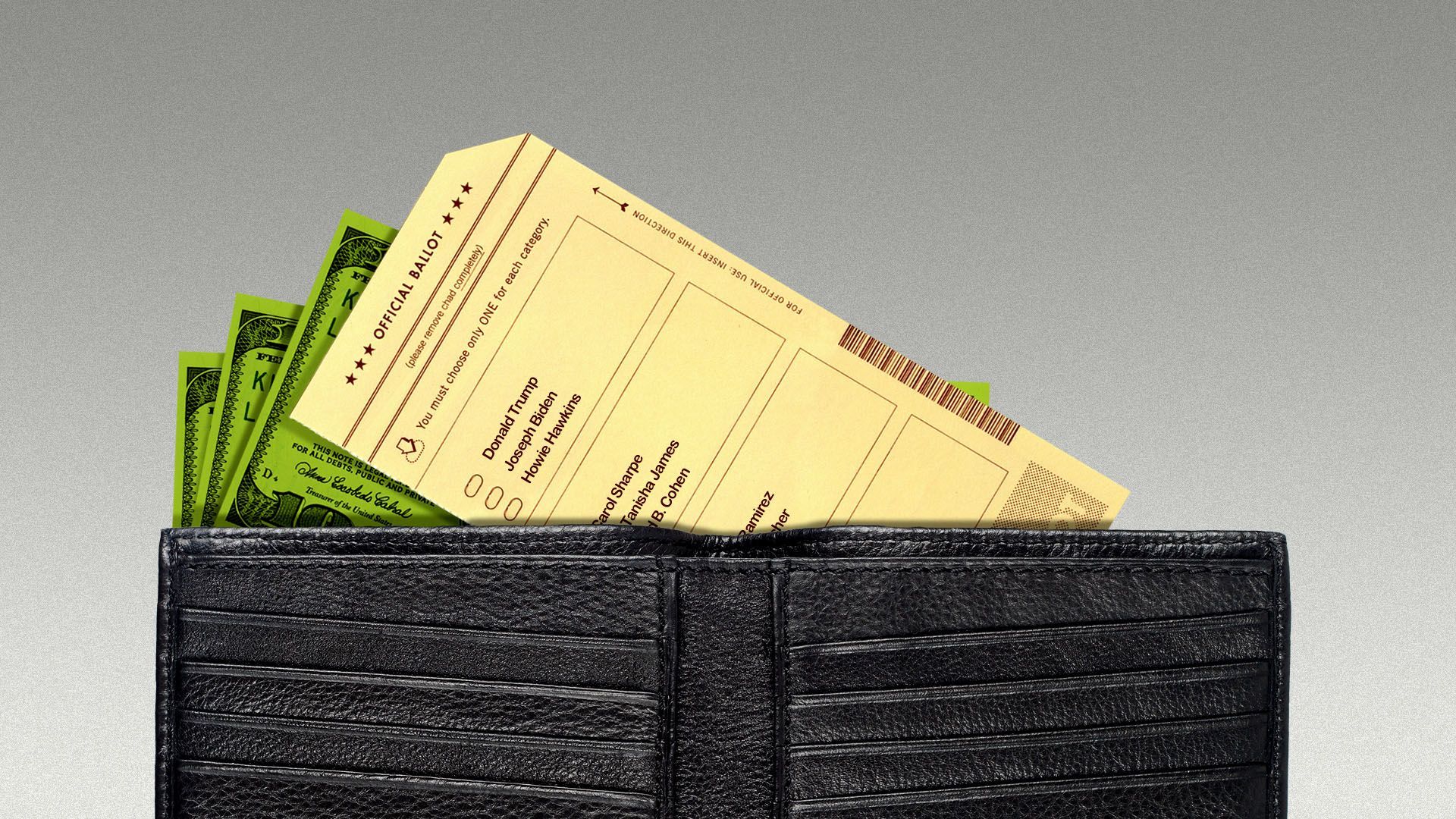 Illustration of a ballot in a wallet full of money