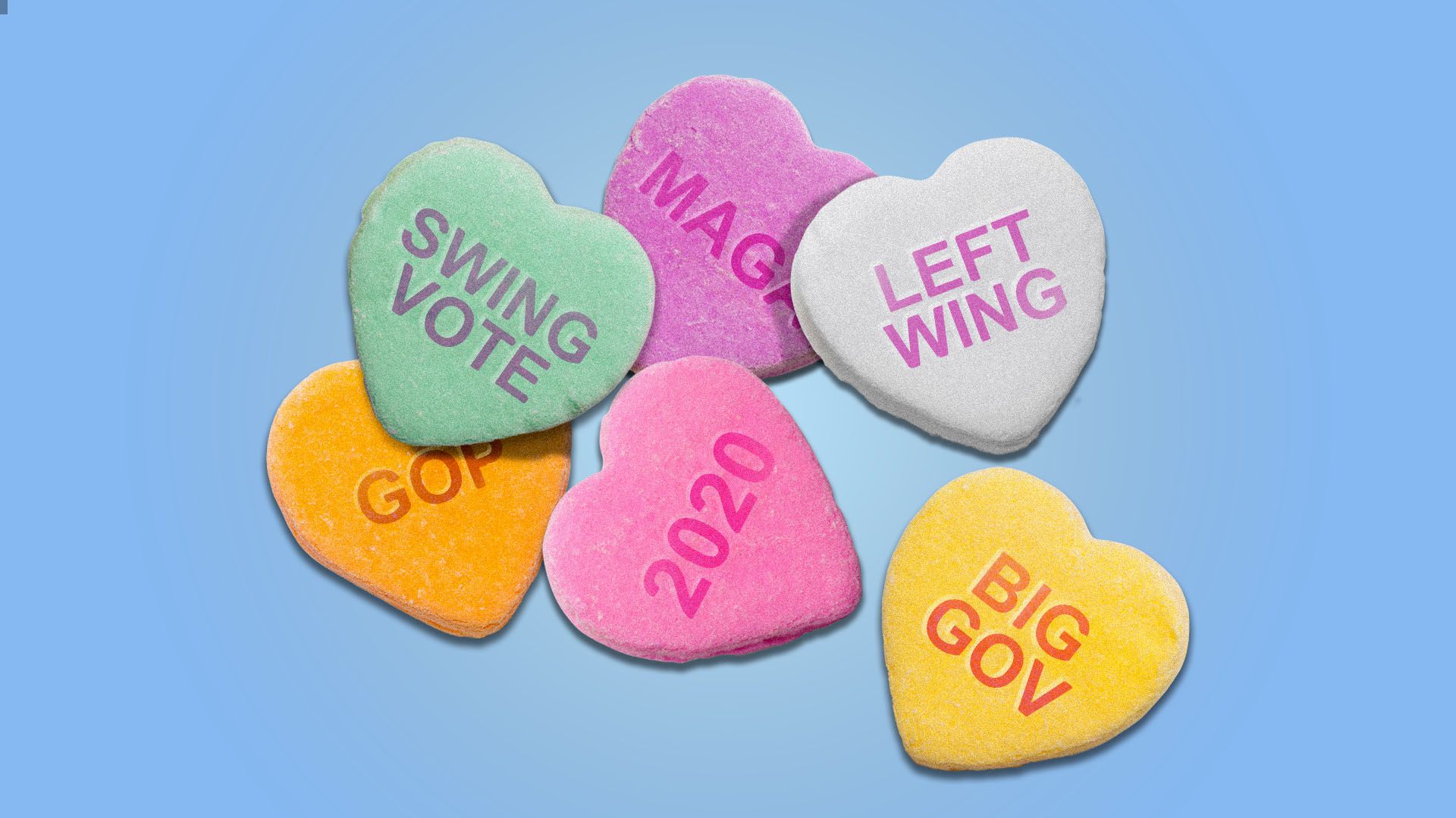 An illustration of Valentine's Day candies with political affiliations written on them.