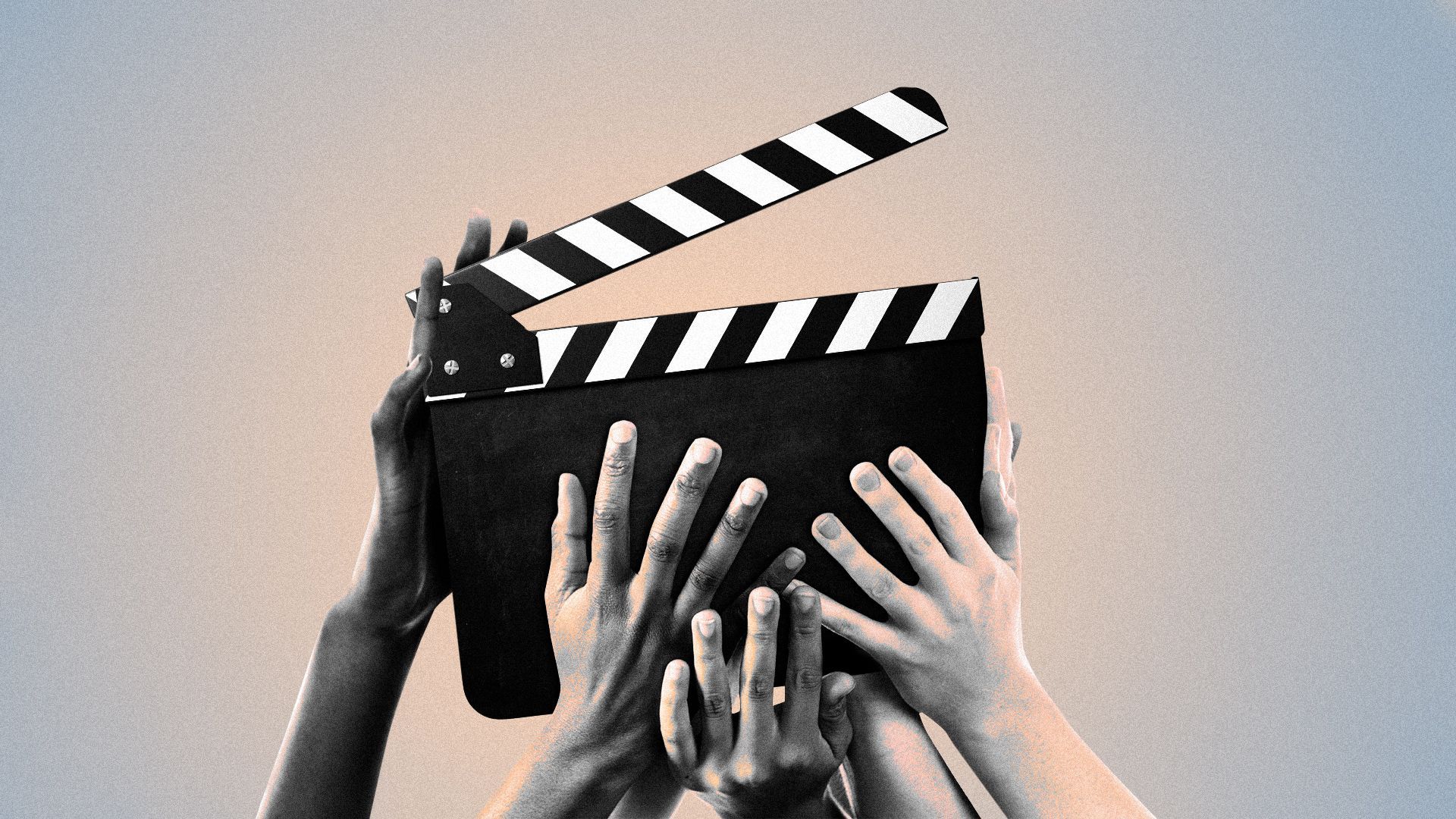 Illustration of multiple pairs of hands holding up a single film clapper board. 