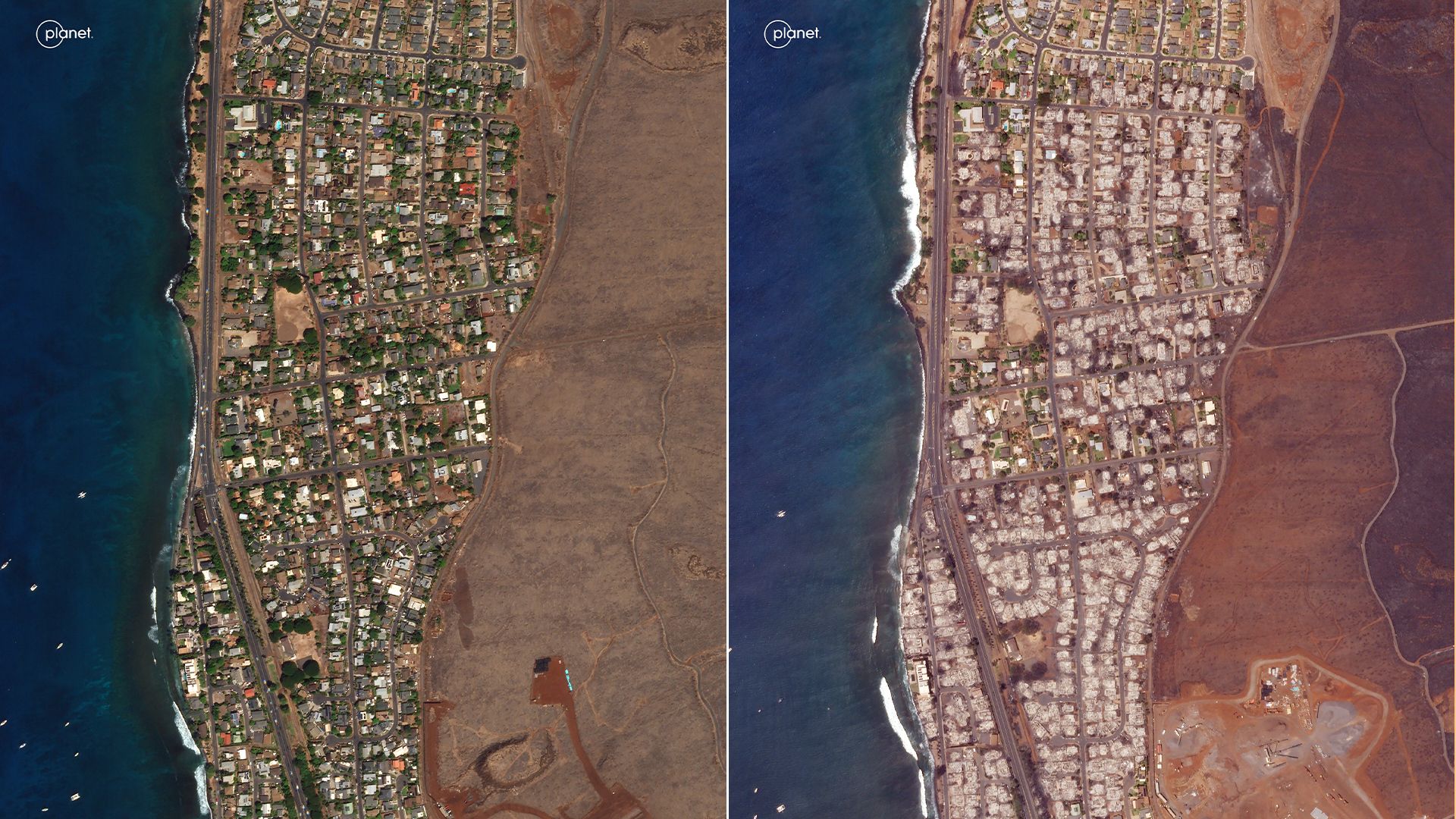 Overview of Lahaina before and after wildfires