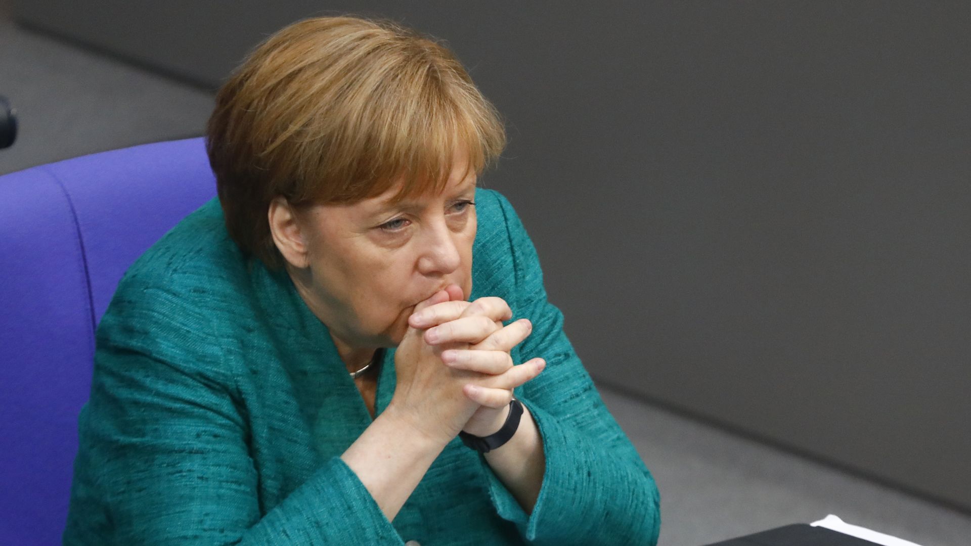 German Chancellor Angela Merkel sits down after she gave a government declaration at the Bundestag ahead of the upcoming E.U. and NATO summits on June 28, 2018 in Berlin, Germany.