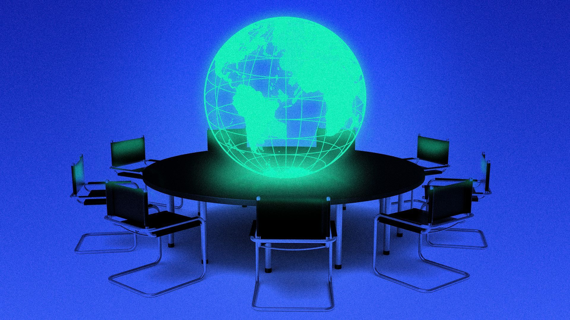 Illustration of a glowing wireframe earth in the center of a round conference table