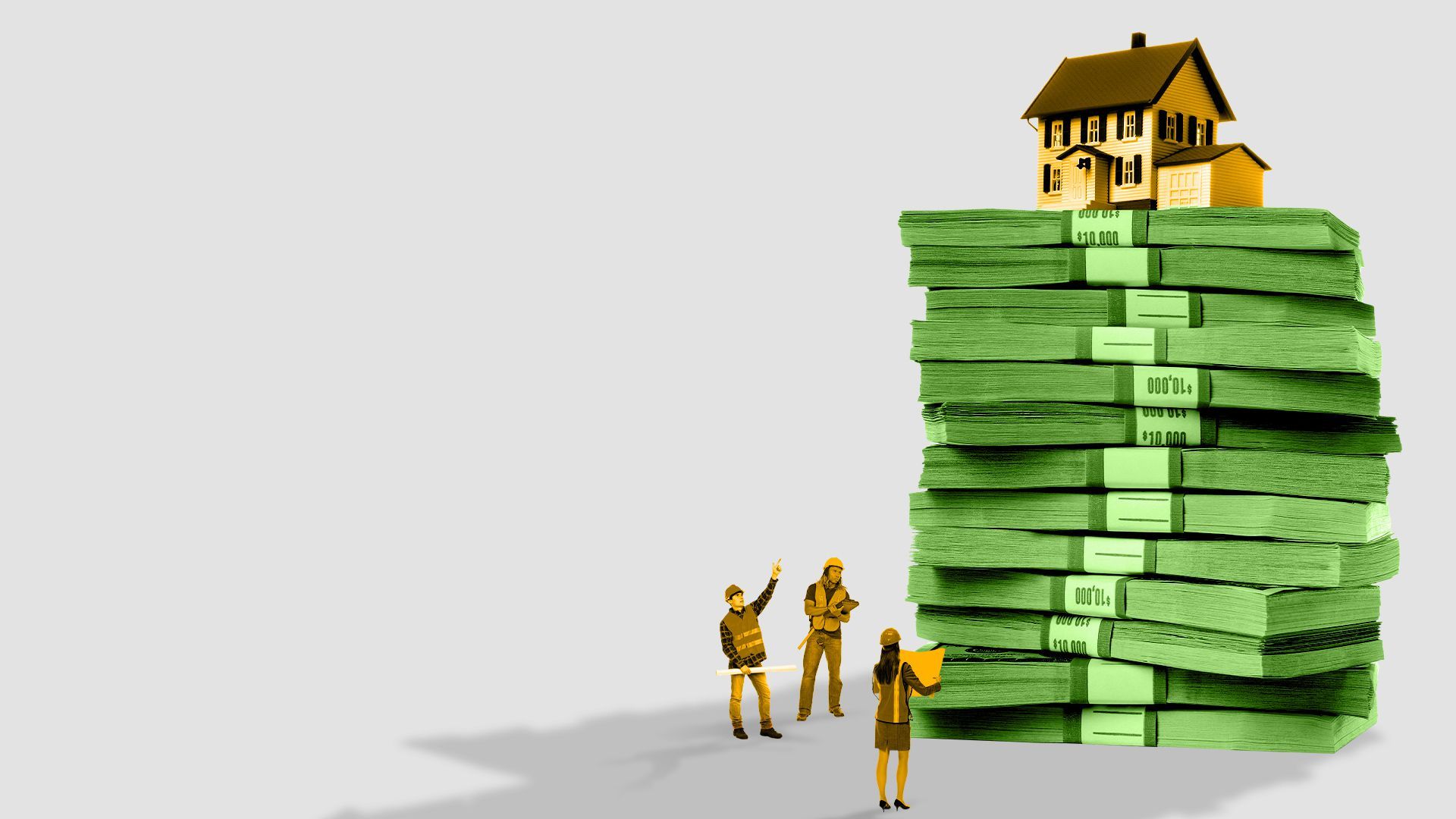 Illustration of construction workers analyzing a house on top of a stack of money.
