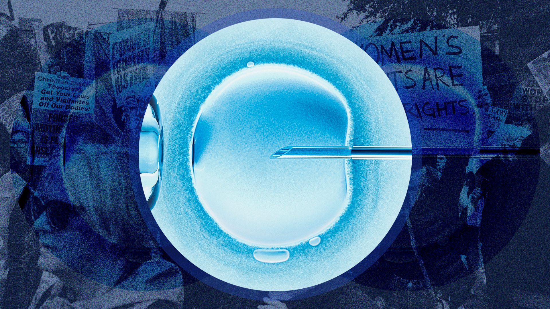 Photo illustration of a crowd of protestors for women's rights behind a close-up image of in vitro fertilization 