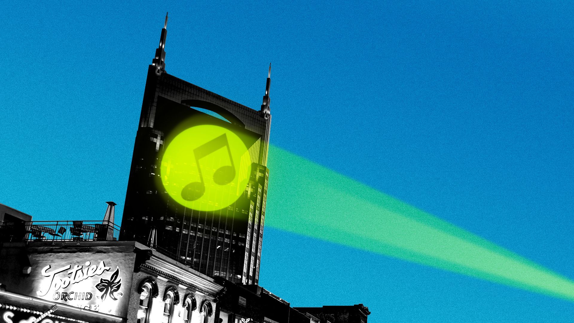 Illustration of the "Batman building" in Nashville with a bat-signal, with a note instead of a bat, shining on it.