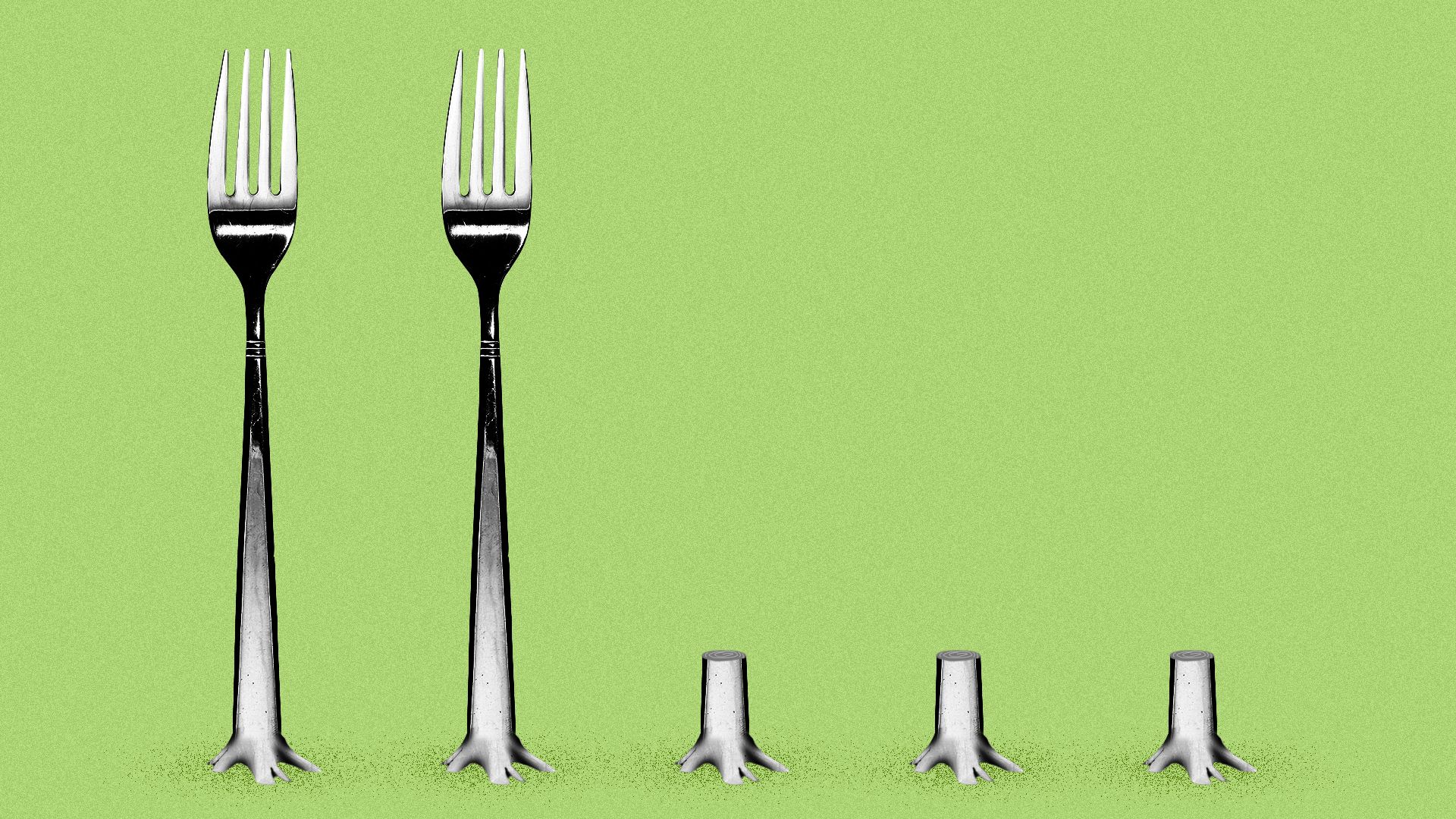 Illustration of forks being cut down as if they were trees. 