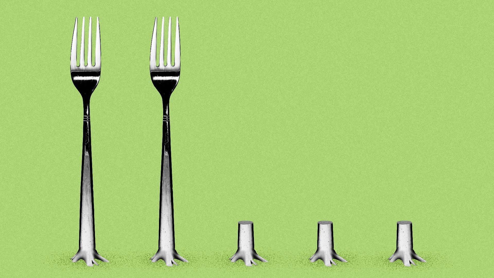Illustration of forks being cut down as if they were trees.