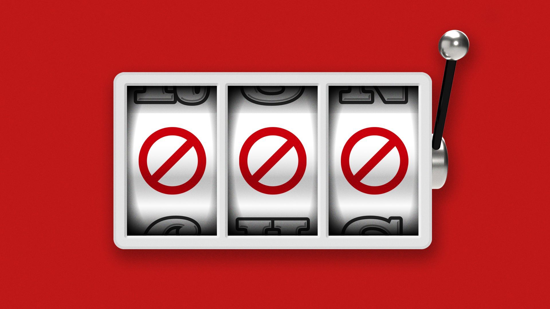Illustration of a jackpot slot machine with the "no" symbol instead of 7's.