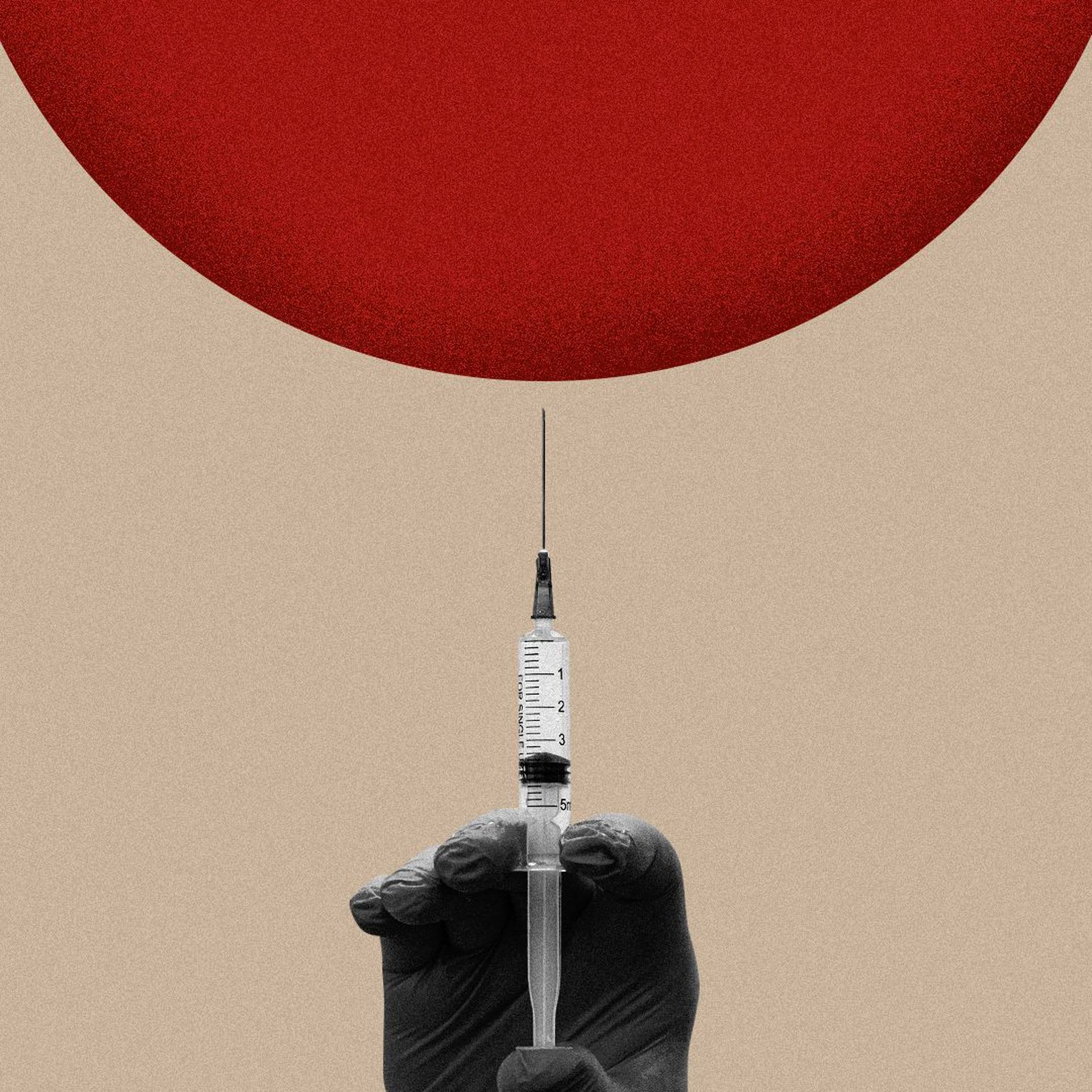 Illustration of a hand holding a syringe underneath a giant red dot. 