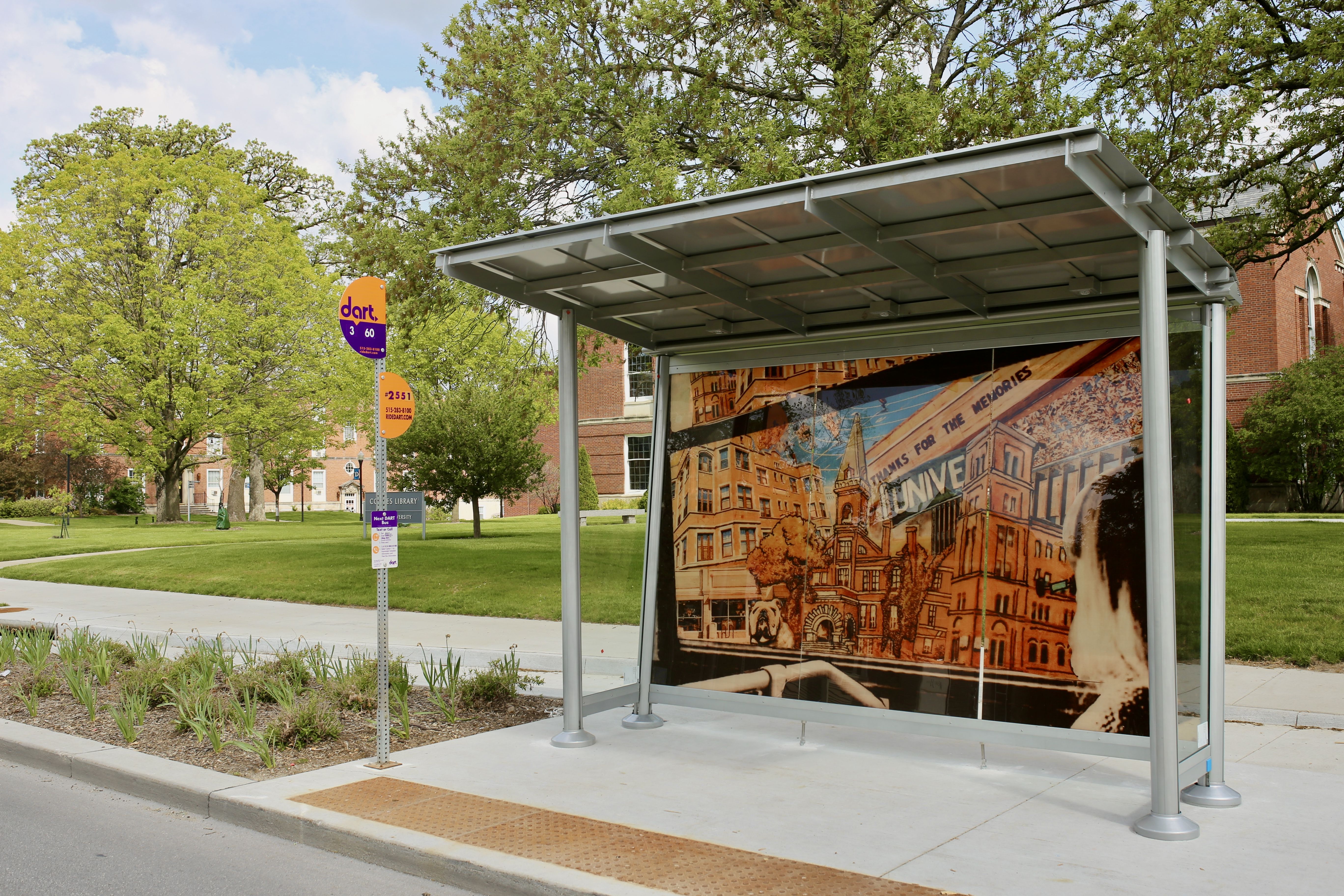 A photo of a bus shelter in Des Moines.