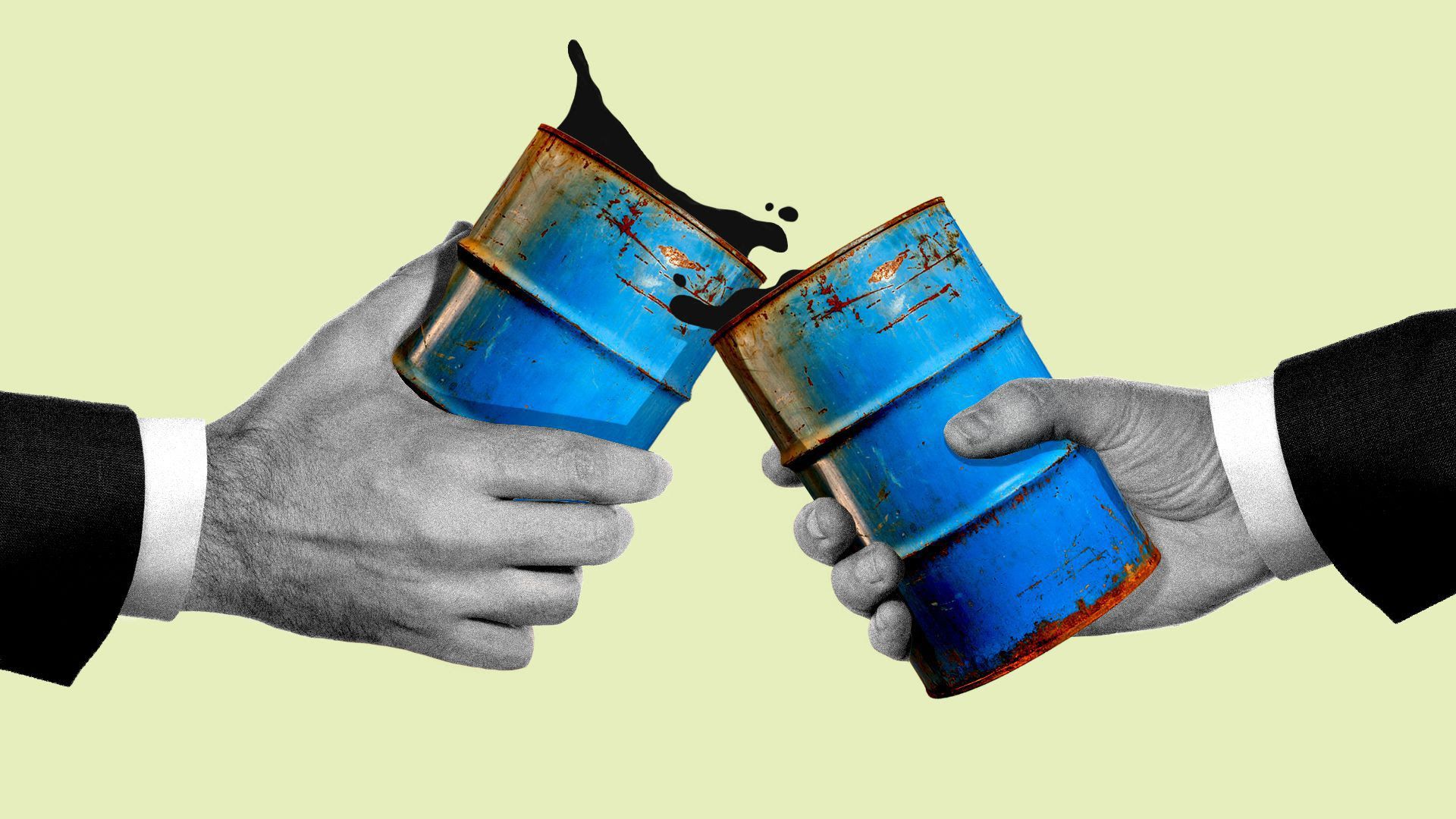 An illustration of hands holding oil barrels.