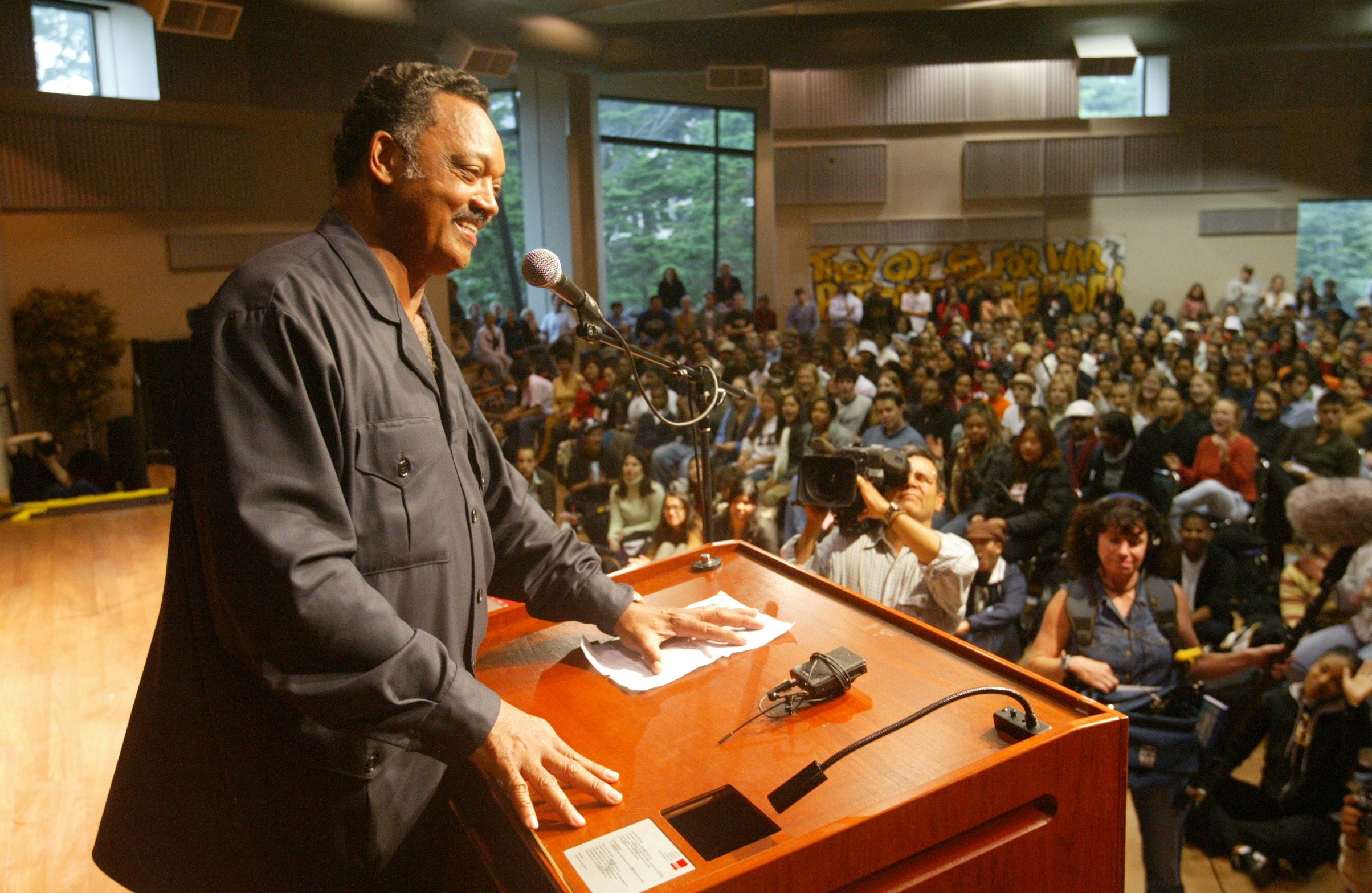 The Rev. Jesse Jackson speaks to the students of San Francisco State University in a rally to urge a no vote on the recall and a no vote on Pro. 54. Jack Adams Hall was filled to capacity and students were turned away. 10/2/03 in San Francisco. MICHAEL MACOR/ The Chronicle (Photo By MICHAEL MACOR/Th