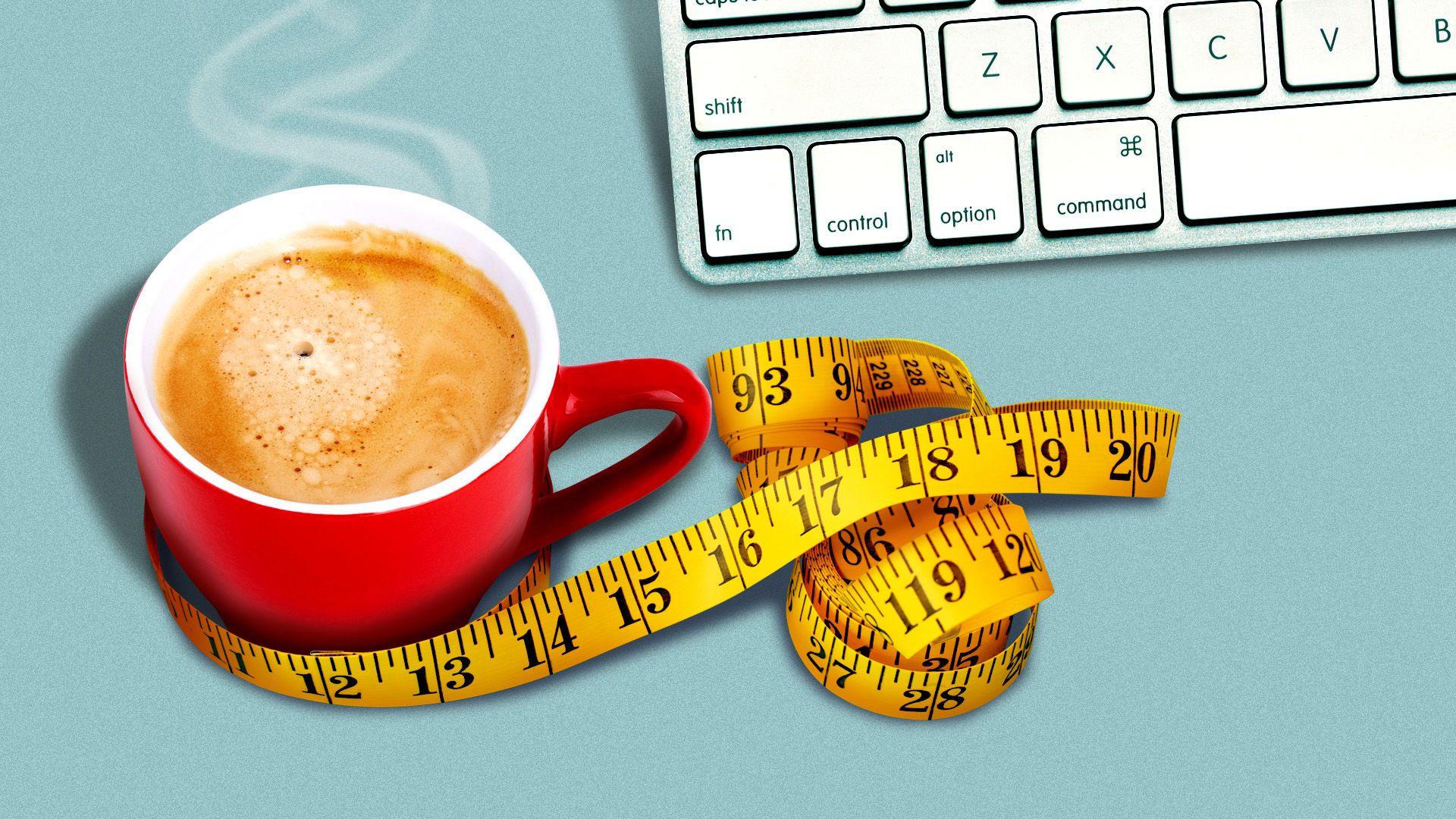 Illustration of a cup of coffee with a measuring tape wrapped around it next to computer keyboard 