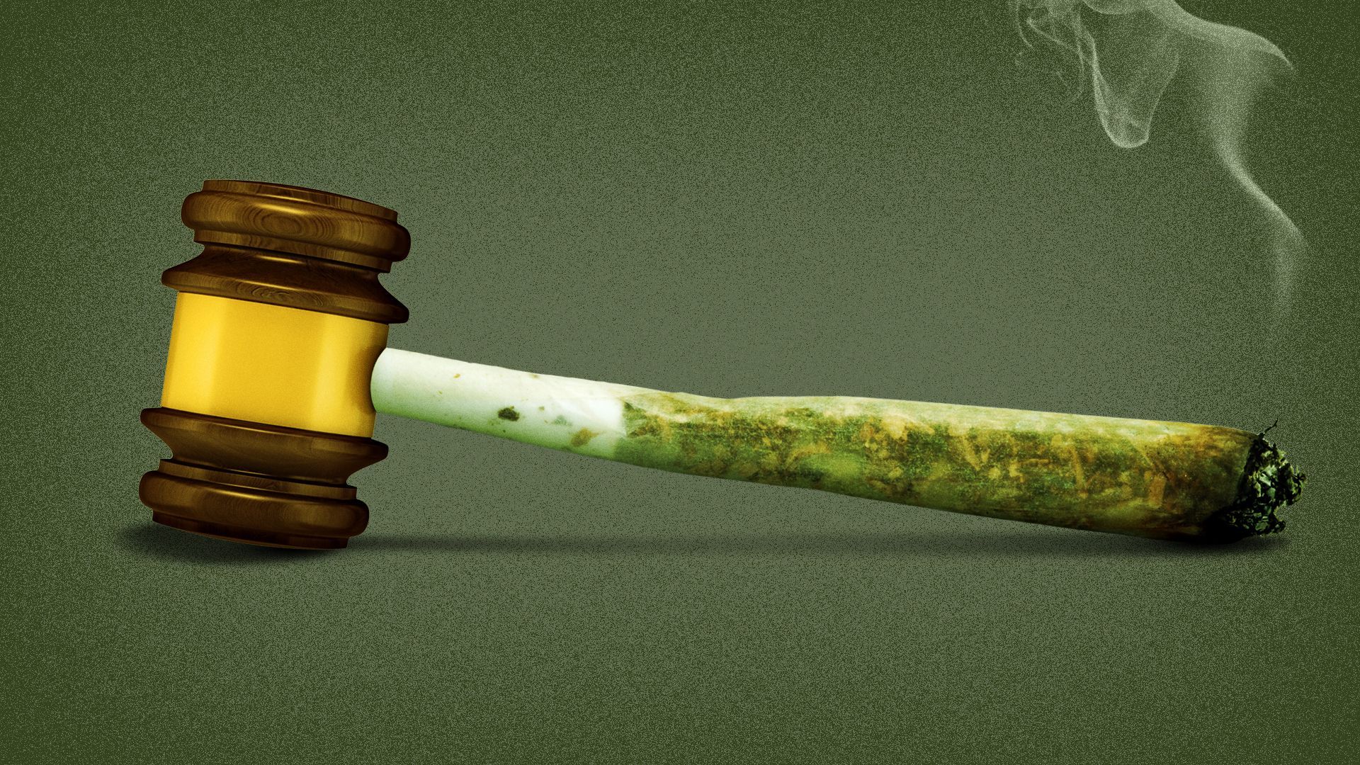 Illustration of a gavel, but the handle is a marijuana joint. 