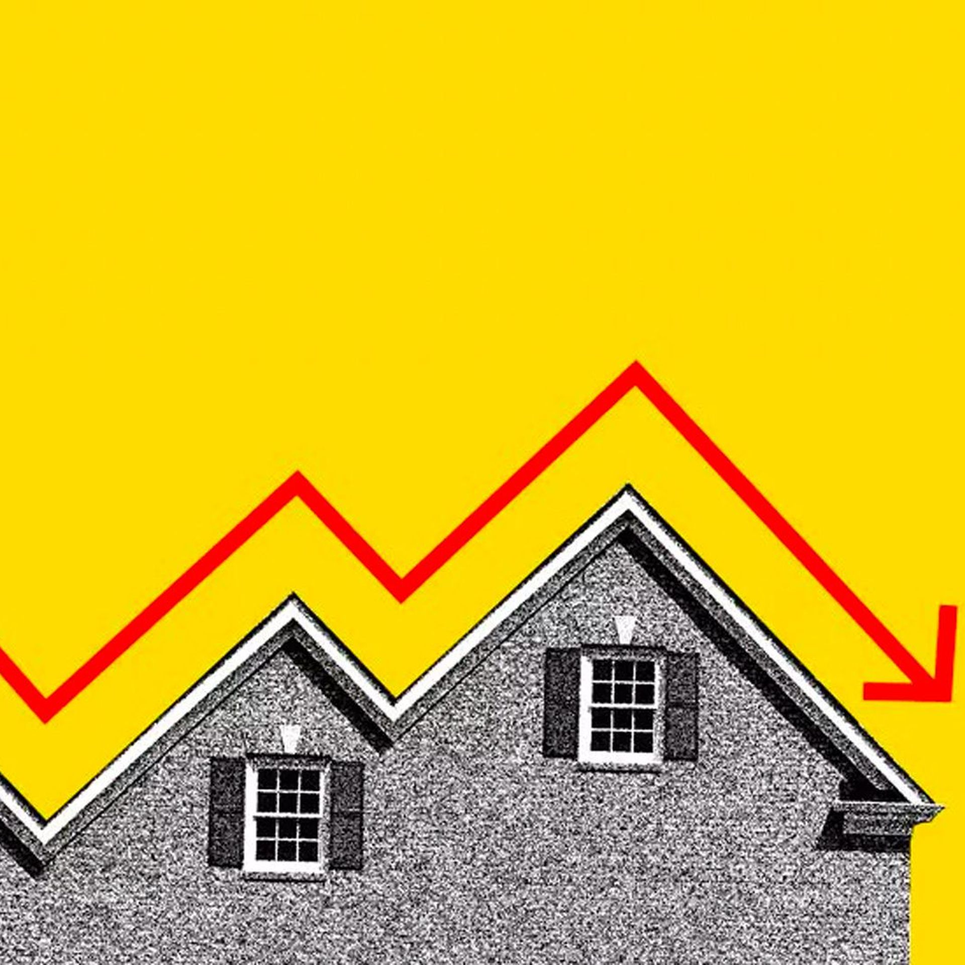 Illustration of a downward trend line over a house