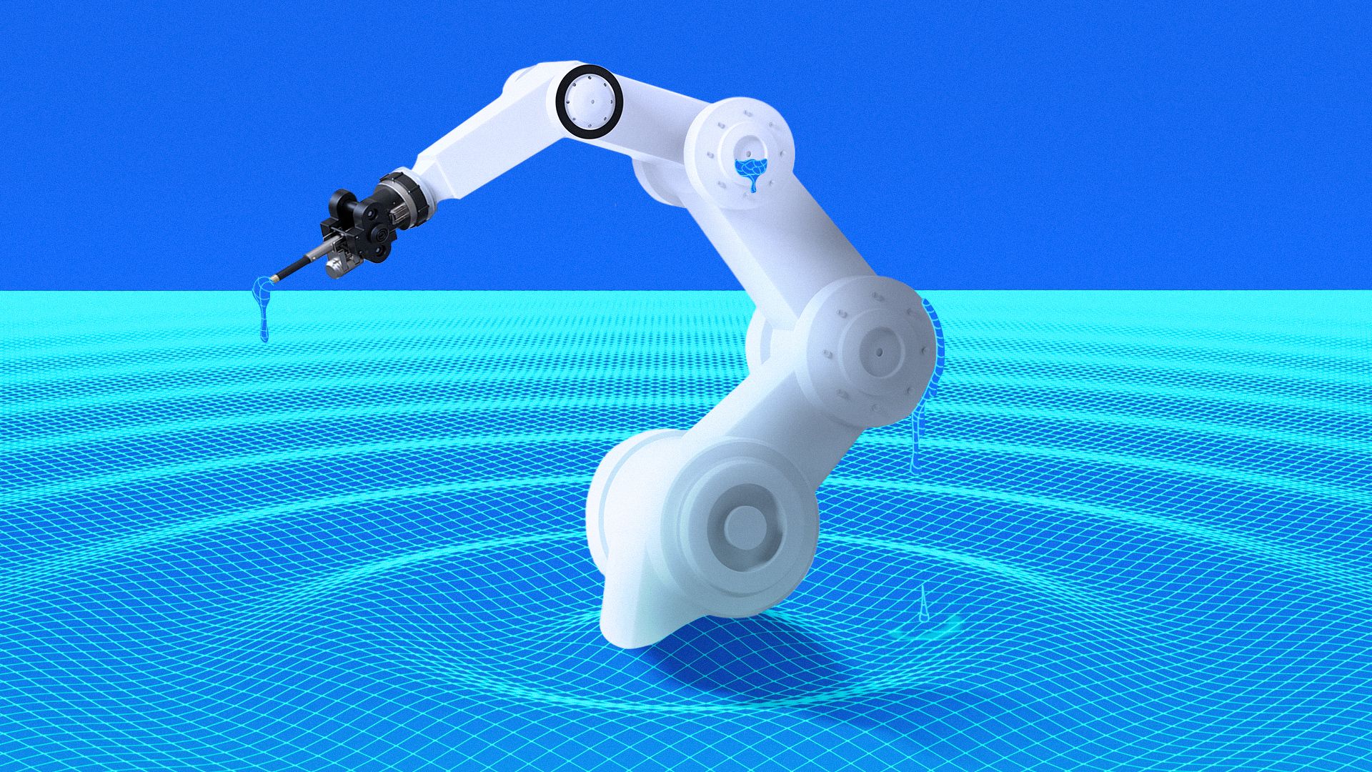 Illustration of a mechanical octopus arm breaking through the center of a rippling water wireframe pattern. 