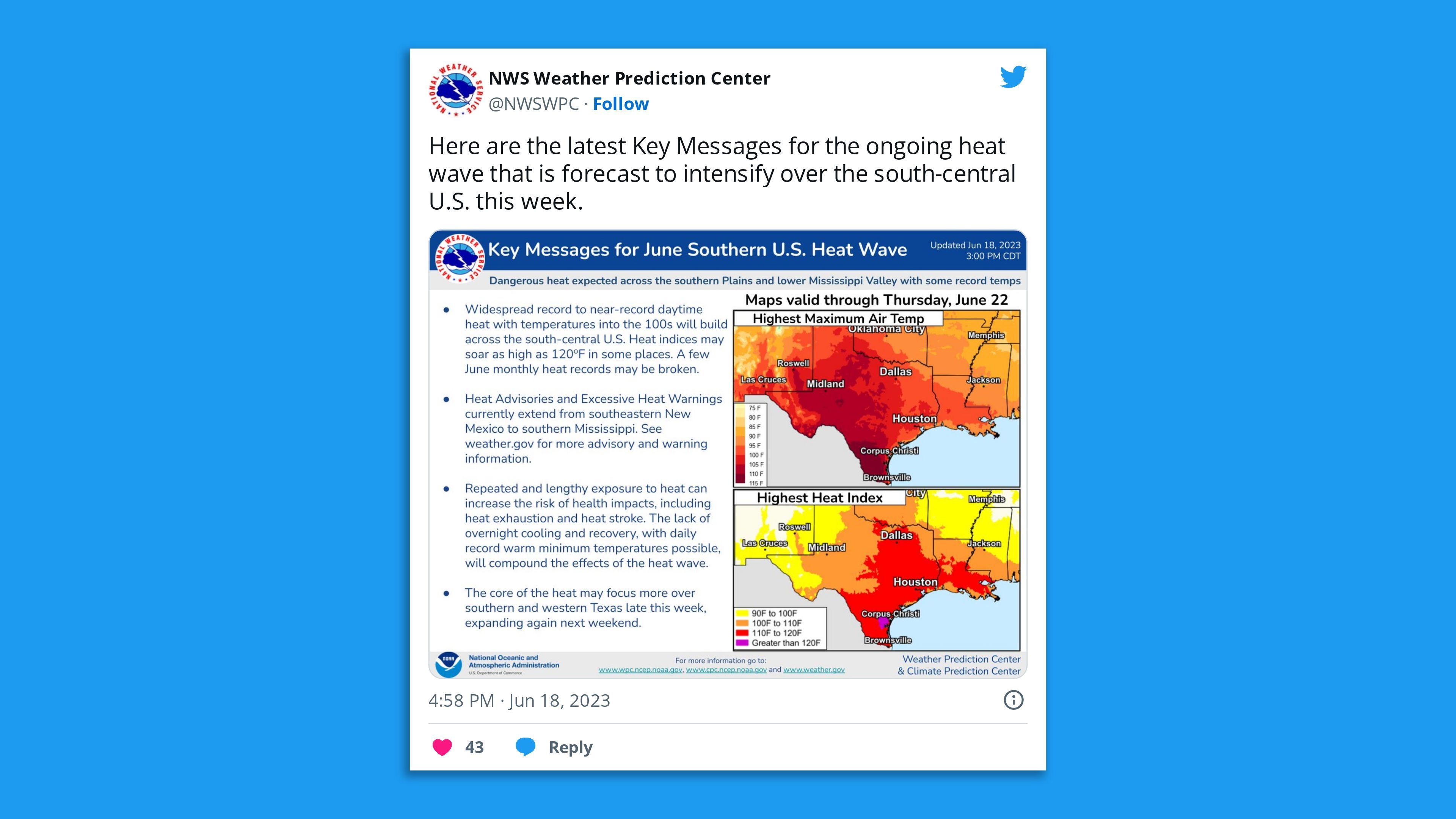 A screenshot of an NWS tweet warning of triple-digit temperatures across the south-central U.S. this week.