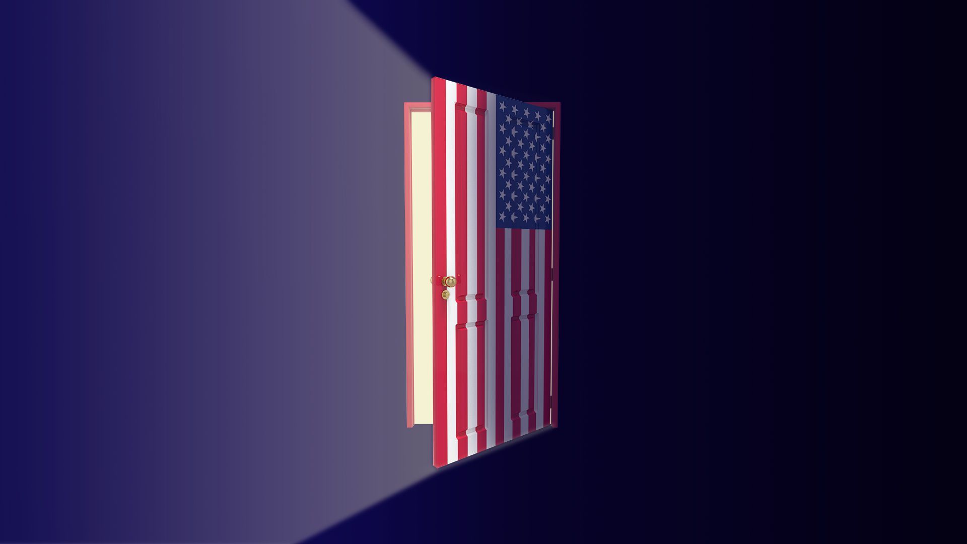 Illustration of a door made of an American flag opening with light pouring out.  