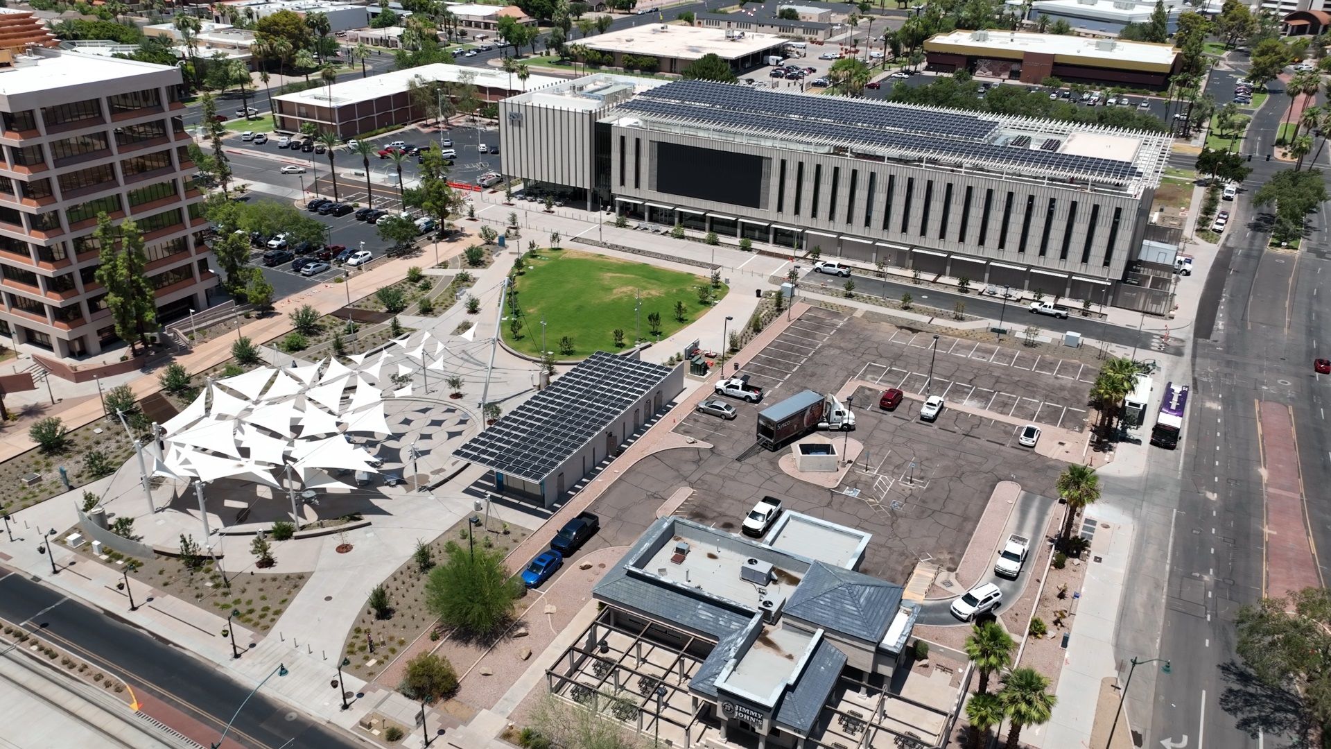 An aerial image of a college campus.