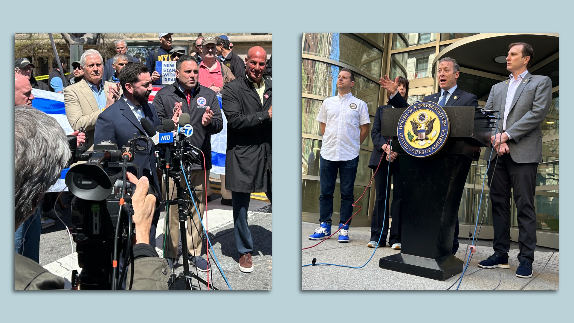 Left: Reps. Mike Lawler and Anthony D'Esposito at a press conference surrounded by people with Israeli flags. Right: Reps. Jared Moskowitz, Kathy Manning, Josh Gottheimer and Dan Goldman at a press conference, standing behind a podium in front of a glass wall.